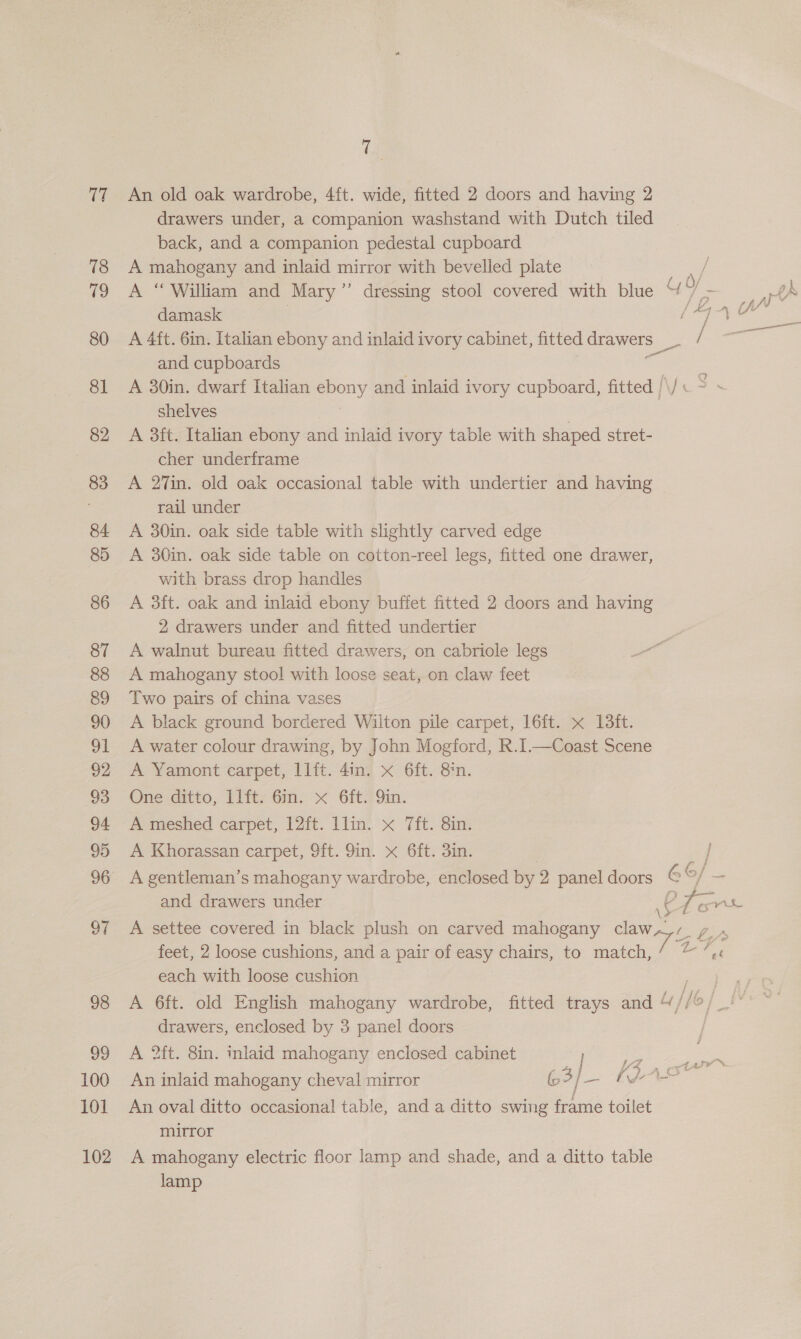 92 100 101 102 7 An old oak wardrobe, 4ft. wide, fitted 2 doors and having 2 drawers under, a companion washstand with Dutch tiled back, and a companion pedestal cupboard A mahogany and inlaid mirror with bevelled plate A “William and Mary” dressing stool covered with blue damask and cupboards A 30in. dwarf Italian oy and inlaid ivory cupboard, fitted | shelves A 3ft. Italian ebony and inlaid ivory table with shaped stret- cher underframe A 27in. old oak occasional table with undertier and having rail under A 30in. oak side table with slightly carved edge A 30in. oak side table on cotton-reel legs, fitted one drawer, with brass drop handles A 3ft. oak and inlaid ebony buffet fitted 2 doors and having 2 drawers under and fitted undertier A walnut bureau fitted drawers, on cabriole legs A mahogany stool with loose seat, on claw feet Two pairs of china vases A black ground bordered Wilton pile carpet, 16ft. x 13ft. A water colour drawing, by John Mogford, R.I.—Coast Scene A Yamont carpet, Ilft. 4in. x 6ft. 8'n. One ditto, Llft. 6in. x 6ft. Qin. A meshed carpet, 12ft. llin. x 7ft. 8in. A Khorassan carpet, 9ft. 9in. x 6ft. 3in. A gentleman’s mahogany wardrobe, enclosed by 2 panel doors and drawers under feet, 2 loose cushions, and a pair of easy chairs, to match, each with loose cushion drawers, enclosed by 3 panel doors A 2ft. 8in. inlaid mahogany enclosed cabinet G o/ tS LA [44 A, IN i i . ee / Vs An oval ditto occasional table, and a ditto swing frame toilet : MMTOF A mahogany electric floor lamp and shade, and a ditto table lamp