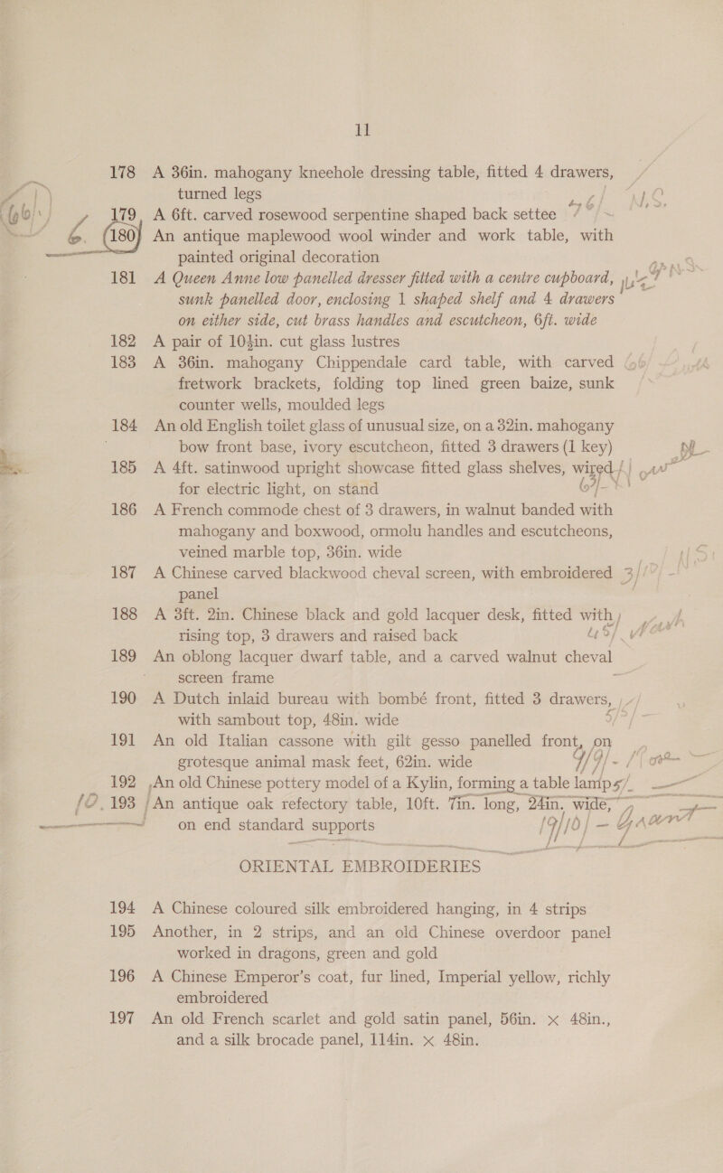 iH 178 A 36in. mahogany kneehole dressing table, fitted 4 drawers, turned legs |} An antique maplewood wool winder and work table, with painted original decoration 181 A Queen Anne low panelled dresser fitted with a centre cupboard, sunk panelled door, enclosing 1 shaped shelf and 4 drawers on either side, cut brass handles and escutcheon, 6ft. wide 182 A pair of 104in. cut glass lustres 183. A 36in. mahogany Chippendale card table, with carved . fretwork brackets, folding top lined green baize, sunk counter wells, moulded legs 184 Anold English toilet glass of unusual size, on a 82in. mahogany . bow front base, ivory escutcheon, fitted 3 drawers (1 key) 185 A 4ft. satinwood upright showcase fitted glass shelves, wae for electric light, on stand (4. 7 186 A French commode chest of 3 drawers, in walnut banded with mahogany and boxwood, ormolu handles and escutcheons, veined marble top, 36in. wide jp ' LG te panel rising top, 3 drawers and raised back des 189 An oblong lacquer dwarf table, and a carved walnut cheval screen frame % 190 A Dutch inlaid bureau with bombé front, fitted 3 plaka’ ‘eS with sambout top, 48in. wide 191 An old Italian cassone with gilt gesso panelled sony, py 1 /{ 192 ,An old Chinese pottery model of a Kylin, forming a table lamips/_ [2 193 | jAn antique oak refectory table, 10ft. Tin. long, 24in. Vive ; ORIENTAL EMBROIDERIES- 194 A Chinese coloured silk embroidered hanging, in 4 strips 195 Another, in 2 strips, and an old Chinese overdoor panel worked in dragons, green and gold 196 A Chinese Emperor’s coat, fur lined, Imperial yellow, richly embroidered 197 An old French scarlet and gold satin panel, 56in. x 48in., and a silk brocade panel, 114in. x 48in. f 