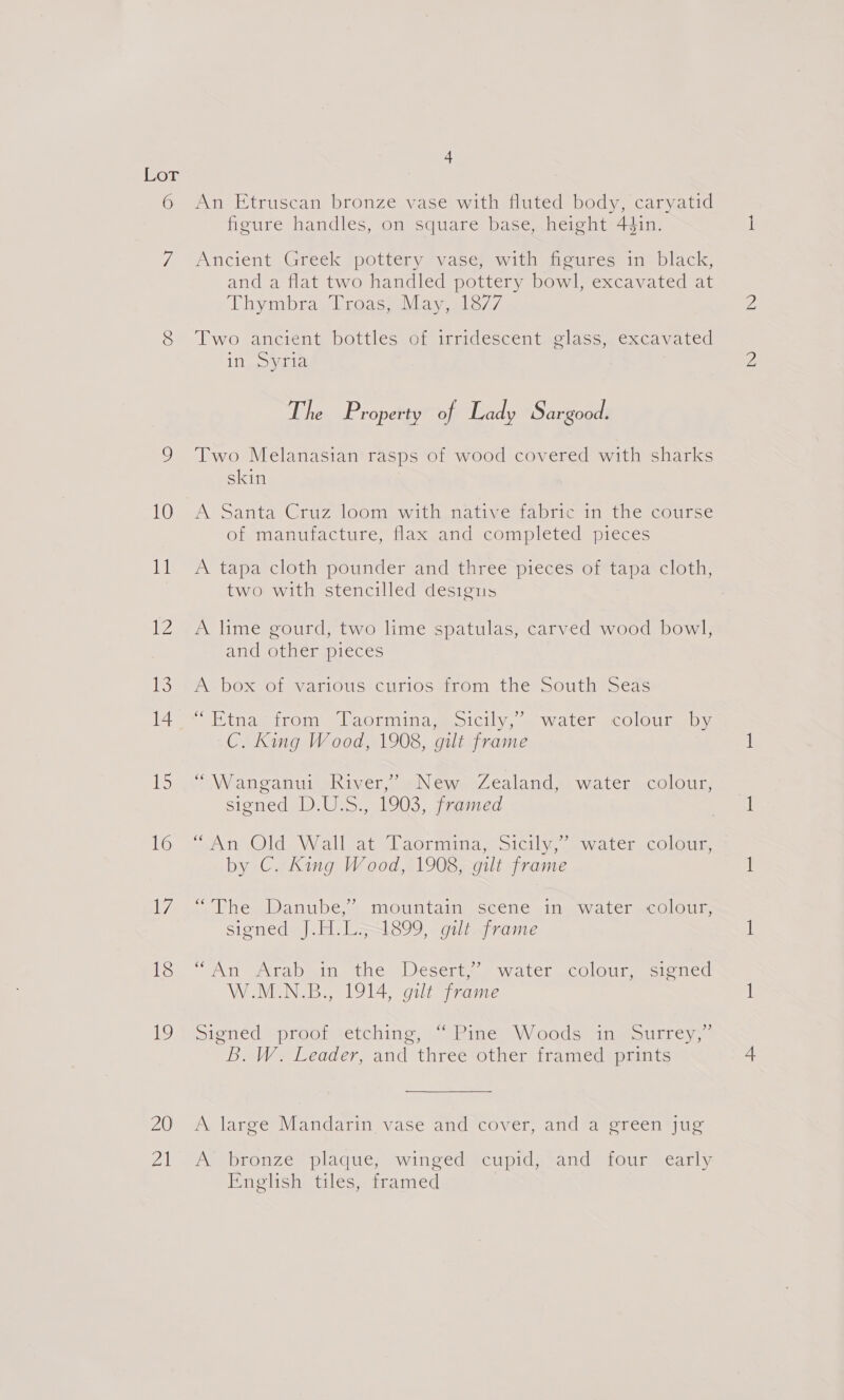 CO 10 ial 12 i 14 KS 16 £7 18 19 20 Yaa 4 An Etruscan bronze vase with fluted body, caryatid figure handles, on square base, height 44in. Ancient Greek pottery vase, with figures in black, and a flat two handled pottery bowl, excavated at yim tage conee/ia al 7/, Two ancient bottles of irridescent glass, excavated ino via The iP roperty of Lady Sargood. Two Melanasian rasps of wood covered with sharks skin A Santa Cruz loom with native fabric in the course of manufacture, flax and completed pieces A tapa cloth pounder and three pieces of tapa cloth, two with stencilled designs A lime gourd, two lime spatulas, carved wood bowl, and other pieces A box of various curios from the South Seas Einaw ito slaotninase sicily, = water eco louie , uy: C. King Wood, 1908, gilt frame d “Wanganui River,’ New Zealand, water colour, Sioned mlb Us >. L003 i aoeed, nin Olde Walleat daorhtainias, 1G. fo watcm. colon by C. King Wood, 1908, gilt frame » Lhe, Danubes> mountain Scéne <in- water colour, signed J.H.L51899, gilt frame ~ An Wrabaim the ‘Desert. water iccloure signed W.M.N.B., 1914, gilt frame Sioned “prooimerchinic, (OSB mes WV ood ean tint Cyse B.W, Leader, and three other framed prints A large Mandarin vase and cover, and a green jug A bronze plaque, winged cupid, and four early English tiles, tramed