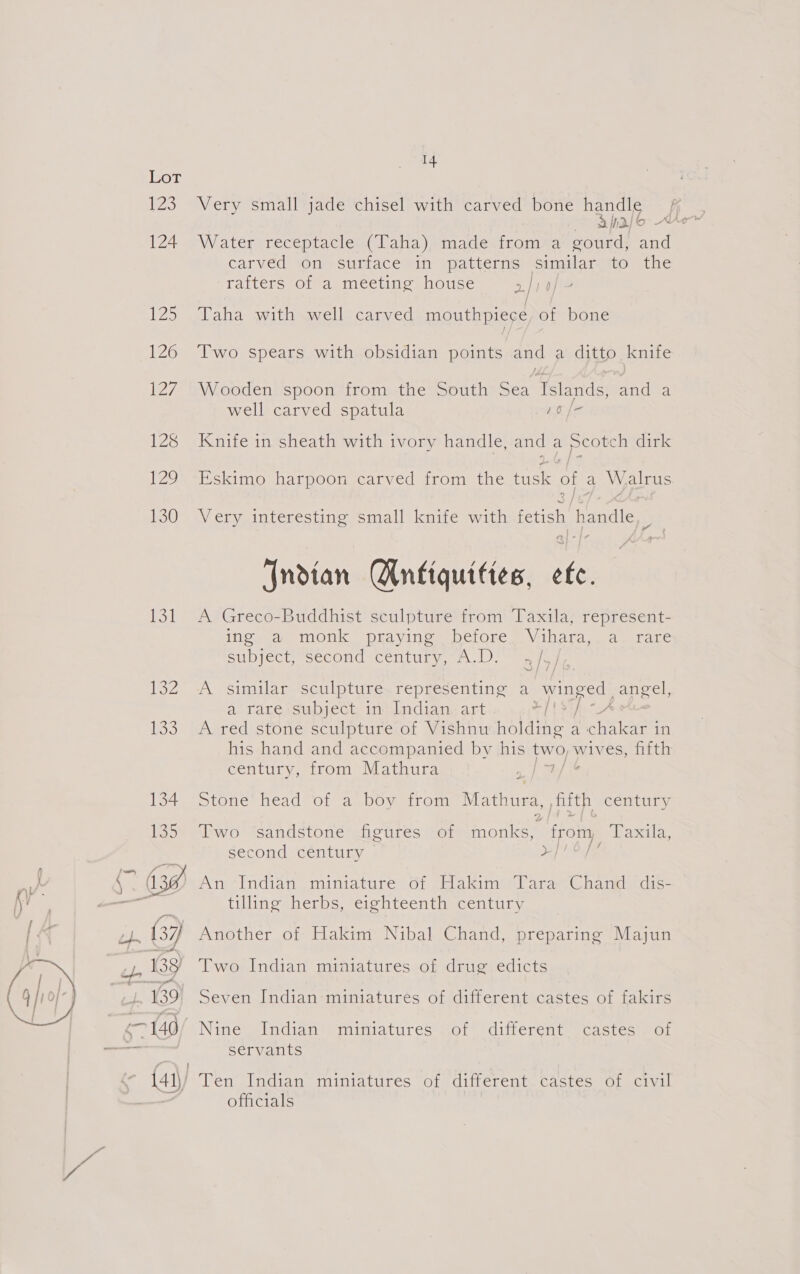 120 125 124 125 126 L27, 128 Nine 130 lean 132  14 Very small jade chisel with carved bone handle ”~ Water receptacle (Taha) made from a gourd, and carved on surface in patterns similar to the rafters of a meeting house 2/10 aha wathawelle carved mouthpiece of bone Two spears with obsidian points and a ditto knife Wooden spoon from the South Sea Islands, and a well carved spatula 16 /- Knife in sheath with ivory handle, and a peotch dirk Eskimo harpoon carved from the tusk of a W, alrus Very interesting small knife with fetish handle ) {ndtan Antiquities, ote. A Greco-Buddhist sculpture from Taxila, represent- ing. monk, praying “before” Vihara. la, rare SUI CCU seCOMCU- CCH Uh. ). tan A similar sculpture representing a winged , angel, a rare-subject, in’ Indian, art Ht STI A A red stone sculpture of Vishnu holding achakar in his hand and accompanied by his fwoyy wives, fifth century, from Mathura Stone head of a. boy trom Mathes Ith ACC nO ty Two sandstone figures of monks, fromy Trask. second century yp) Am «Indian miniature of lakiny lara Chand) -dis- tilling herbs, eighteenth century Another of Hakim Nibal Chand, preparing Majun Two Indian miniatures of drug edicts Seven Indian miniatures of different castes of fakirs Nine Indian miniatures servants Or ariterent- -castes OL Ten Indian miniatures of different. castes of civil officials