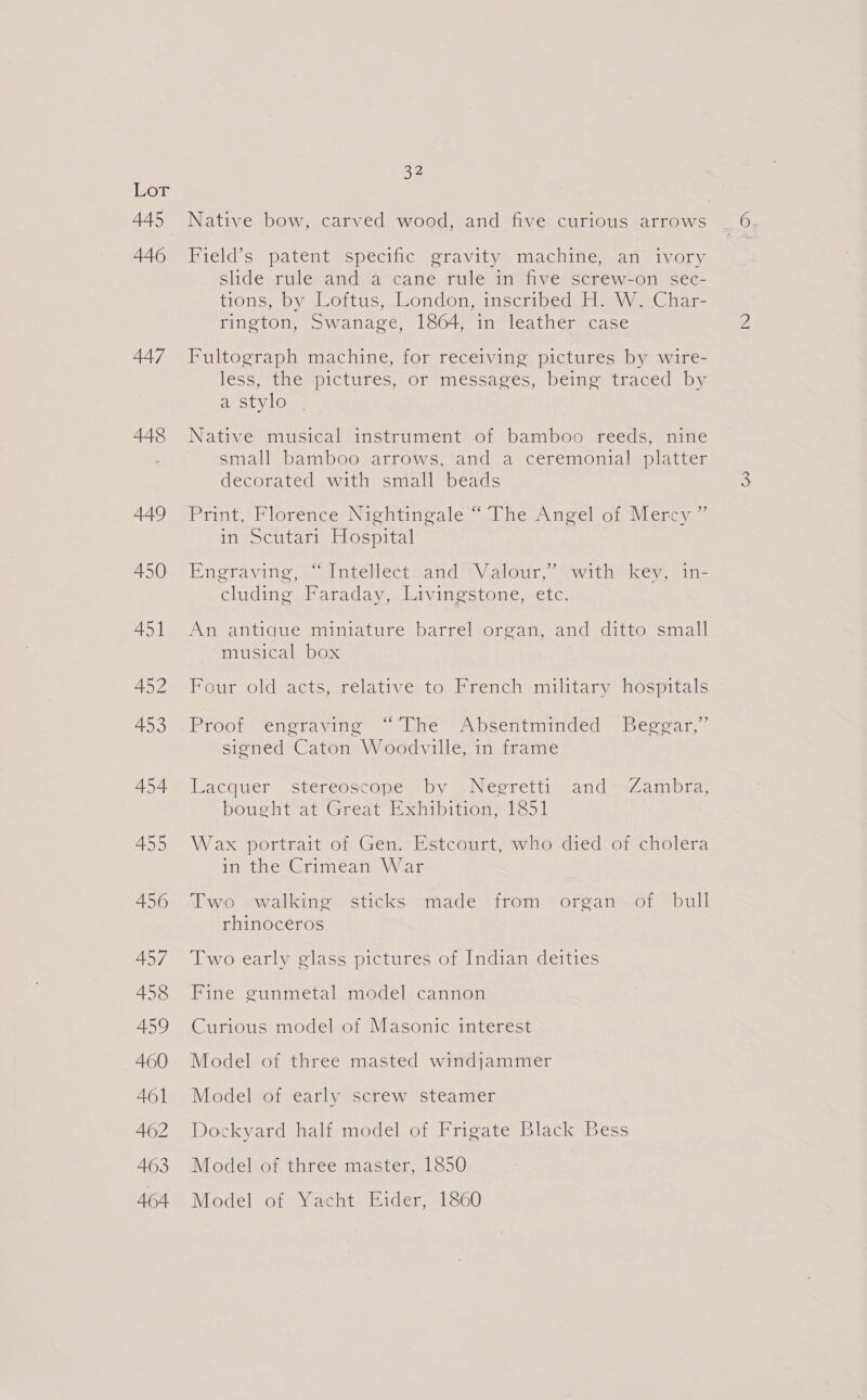 445 446 447 448 449 450 451 452 453 454 455 456 457 458 459 460 461 462 463 464 32 Field’s patent specific gravity machine, an ivory slide rule and a cane rule in five screw‘on sec- tions, by Loftus, London, inscribed H. W. Char- rington, Swanage, 1864, in leather case Fultograph machine, for receiving pictures by wire- less, the ‘pictures, or “messages, bein traced by a Stylo Native musical instrument of bamboo reeds, nine small bamboo arrows, and a ceremonial platter decorated with small beads Print, Plorénce Niehtineale lhe Angel of Mercy,” in Scutari Hospital Engraving, “ Intellect -and \Valour,” “with key, in- cluding Faraday, Livingstone, etc. An entique miniature barrel oreon, and ditto ‘small musical box Four old acts, relative to French military hospitals Proof engraving “The Absentminded Beggar,” signed Caton Woodville, in frame Lacquer stereoscoper by @Neécretti ands iZambias bought at Great Exhibition, 1851 Wax portrait of Gen. Estcourt, who died of cholera in the Crimean War Two walking sticks made from organ of bull rhinoceros Two early glass pictures of Indian deities Fine gunmetal model cannon Curious model of Masonic interest Model of three masted windjammer Model of early screw steamer Dockyard half model of Frigate Black Bess Model of three master, 1850 Model of Yacht Eider, 1860