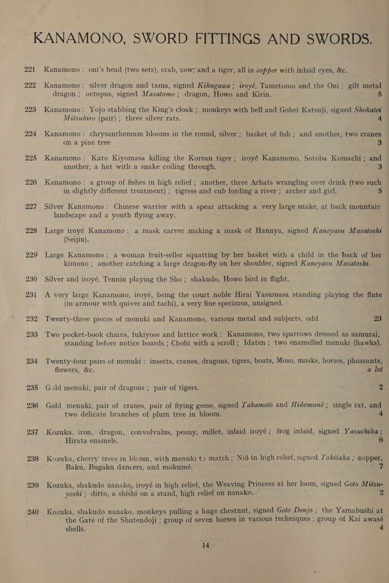 221 222 223 224 225 226 227 228 229 230 231 232, 233 234 235 236 237 238 239 240 Kanamono : oni’s head (two sets), crab, cow; and a tiger, all in copper with inlaid eyes, &amp;c. Kanamono : silver dragon and tama, signed Kikugawa ; iroyé, Tametomo and the Oni; gilt metal dragon ; octopus, signed Masatomo; dragon, Howo and Kirin. 5 Kanamono: Yojo stabbing the King’s cloak ; monkeys with bell and Gohei Katsuji, sigaed Shokatet Mitsuhiro (pair) ; three silver rats. 4 Kanamono: chrysanthemum blooms in the round, silver; basket of fish ; and another, two cranes on a pine tree 3 Kanamono: Kato Kiyomasa killing the Korean tiger; iroyé Kanamono, Sotoba Komachi ; and another, a hat with a snake coiling through. 3 Kanamono: a group of fishes in high relief ; another, three Arhats wrangling over drink (two such in slightly different treatment) ; tigress and cub fording a river ; archer and girl. cS) Silver Kanamono: Chinese warrior with a spear attacking a very large snake, at back mountain landscape and a youth flying away. Large iroyé Kanamono: a mask carver making a mask of Hannya, signed Kaneyasu Masatosm (Seijiu). Large Kanamono: a woman fruit-seller squatting by her basket with a child in the back of her kimono ; another catching a large dragon-fly on her shoulder, signed Kaneyasu Masatoshi. Silver and iroyé, Tennin playing the Sho; shakudo, Howo bird in flight. A very large Kanamono, iroyé, being the court noble Hirai Yasumasa standing playing the flute (in armour with quiver and tachi), a very fine specimen, unsigned. Twenty-three pieces of menuki and Kanamono, various metal and subjects, odd 23 Two pocket-book chains, fukiyose and lattice work: Kanamono, two sparrows dressed as samurai, standing before notice boards ; Chohi with a scroll; Idaten ; two enamelled menuki (hawks). Twenty-four pairs of menuki: insects, cranes, dragons, tigers, boats, Moso, masks, horses, pheasants, flowers, &amp;c. a lot Gold menuki, pair of dragons ; pair of tigers. ; . 2 Gold menuki, pair of cranes, pair of fiying geese, signed Takamoto and Hidemuné ; single rat, and two delicate branches of plum tree in bloom. - Kozuka, iron, dragon, convolvulus, peony, millet, inlaid iroyé; frog inlaid, signed Yasuchtha ; Hirata enamels. 6 Kozuka, cherry trees in bloom, with menuki to match; Nié in high relief, signed Tokitaka ; copper, -Baku, Bugaku dancers, and mokumé. | Kozuka, shakudo nanako, iroyé in high relief, the Weaving Princess at her loom, signed Goto Mitsu- yoshi; ditto, a shishi on a stand, high relief on nanako. = Kozuka, shakudo nanako, monkeys pulling a huge chestnut, signed Goto Denjo ; the Yamabushi at the Gate of the Shutendoji ; group of seven horses in various techniques ; group of Kai awasé shells. 4