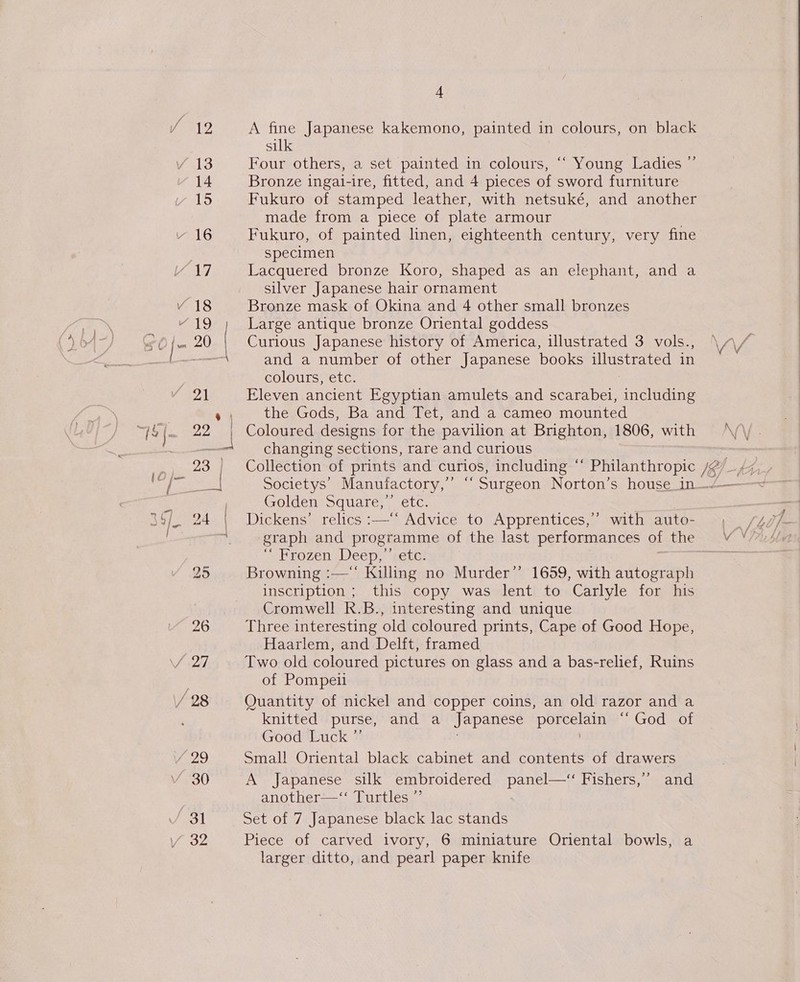 / 12 14 LS y 16 AT &lt; “18 “19 Vy 29 V 30 ‘31 / 32  4 A fine Japanese kakemono, painted in colours, on black suk Four others, a set painted in colours, ““ Young Ladies Bronze ingat-ire, fitted, and 4 pieces of sword furniture Fukuro of stamped leather, with netsuké, and another made from a piece of plate armour Fukuro, of painted linen, eighteenth century, very fine specimen Lacquered bronze Koro, shaped as an elephant, and a silver Japanese hair ornament Bronze mask of Okina and 4 other small bronzes Large antique bronze Oriental goddess Curious Japanese history of America, illustrated 3 vols., and a number of other Japanese books illustrated in colours, etc. Eleven ancient Egyptian amulets and scarabei, including the Gods, Ba and Tet, and a cameo mounted a) changing sections, rare and curious Societys’ Manutactory, ” i Surgeon Norton’s house_in- Golden Square; . etc. Dickens’ relics :—‘* Advice to Apprentices,’ with auto- ‘ Frozen Deep, etc. Browning :—‘‘ Killing no Murder’ 1659, with autograph inscription ; this copy was lent to Carlyle for his Cromwell R.B., interesting and unique Three interesting old coloured prints, Cape of Good Hope, Haarlem, and Delft, framed Two old coloured pictures on glass and a bas-relief, Ruins of Pompeit Quantity of nickel and copper coins, an old razor and a knitted purse, and a Japanese porcelain “God of Good Luck ”’ | Small Oriental black cabinet and contents of drawers A Japanese silk embroidered panel—‘ Fishers,” and another—‘‘ Turtles ”’ Set of 7 Japanese black lac stands Piece of carved ivory, 6 miniature Oriental bowls, a larger ditto, and pearl paper knife