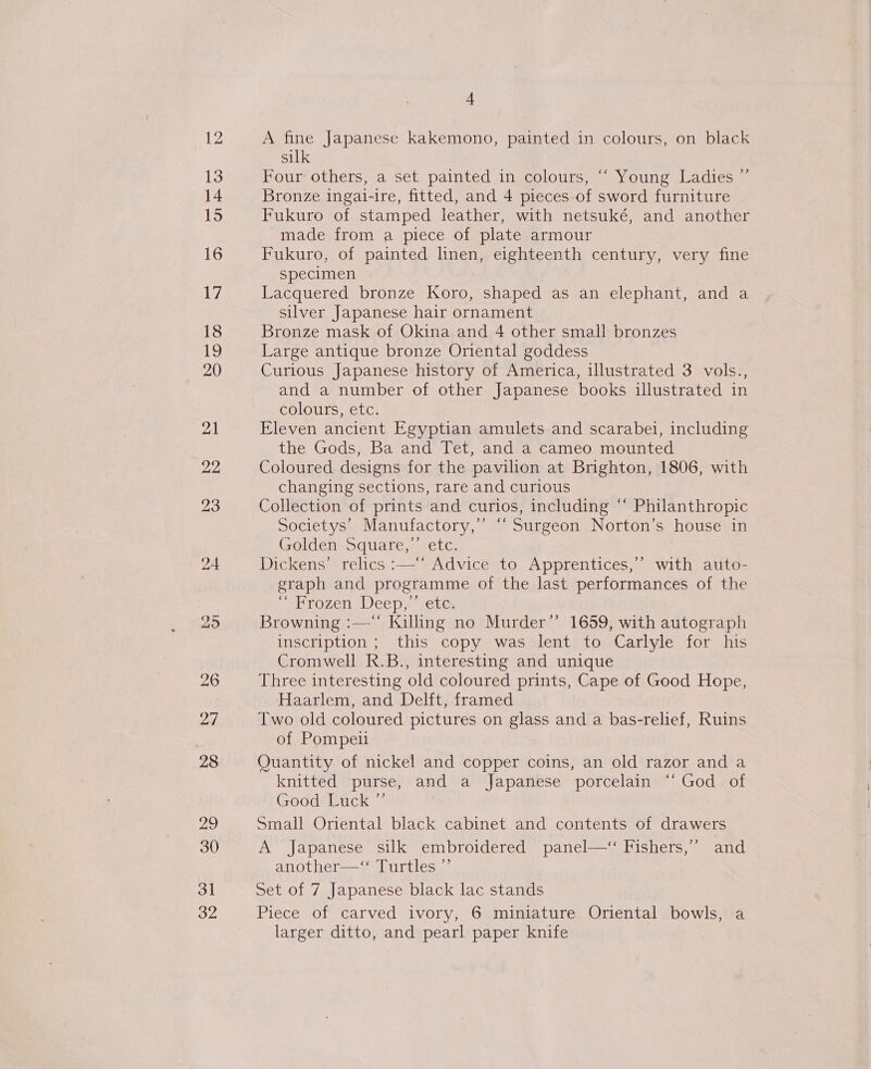 12 13 14 15 16 17 18 19 20 21 28 29 30 3l 32 + A fine Japanese kakemono, painted in colours, on black silk Four others, a set painted in colours, ‘““ Young Ladies ”’ Bronze ingati-ire, fitted, and 4 pieces of sword furniture Fukuro of stamped leather, with netsuké, and another made from a piece of plate armour Fukuro, of painted linen, eighteenth century, very fine specimen Lacquered bronze Koro, shaped as an elephant, and a silver Japanese hair ornament Bronze mask of Okina and 4 other small bronzes Large antique bronze Oriental goddess Curious Japanese history of America, illustrated 3 vols., and a number of other Japanese books illustrated in colours, etc. Eleven ancient Egyptian amulets and scarabel, including the Gods, Ba and Tet, and a cameo mounted Coloured designs for the pavilion at Brighton, 1806, with changing sections, rare and curious Collection of prints and curios, including “ Philanthropic Societys’ Manufactory, ” Surgeon Norton's house in Golden. Square,” etc. Dickens’ relics :—‘* Advice to Apprentices,’ with auto- graph and programme of the last performances of the ‘ekrozen Deep» tenes Browning :—‘‘ Killing no Murder’’ 1659, with autograph inscription ; this copy was lent to Carlyle for his Cromwell R.B., interesting and unique Three interesting old coloured prints, Cape of Good Hope, Haarlem, and Delft, framed Two old coloured pictures on glass and a bas-relief, Ruins of Pompei Quantity of nickel and copper coins, an old razor and a knitted purse, and a Japanese porcelain “God of Good Luck ”’ Small Oriental black cabinet and contents of drawers A Japanese silk embroidered panel—‘ Fishers,’ and another—“‘ Turtles ”’ Set of 7 Japanese black lac stands Piece of carved ivory, 6 miniature Oriental bowls, a larger ditto, and pearl paper knife