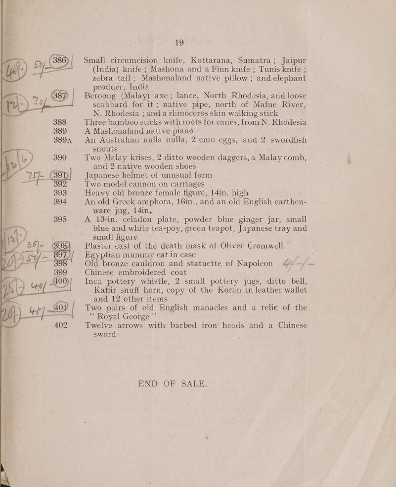    19 Small circumcision knife, Kottarana, Sumatra; Jaipur (India) knife ; Mashona and a Finn knife ; Tunis knife ; zebra tail; Mashonaland native pillow ; and elephant prodder, India Beroong (Malay) axe; lance, North Rhodesia, and loose scabbard for it; native pipe, north of Mafue River, N. Rhodesia ; and a rhinoceros skin walking stick Three bamboo sticks with roots for canes, from N. Rhodesia A Mashonaland native piano An Australian nulla nulla, 2 emu eggs, and 2 swordfish snouts Two Malay krises, 2 ditto wooden daggers, a Malay comb, and 2 native wooden shoes Japanese helmet of unusual form Two model cannon on carriages Heavy old bronze female figure, 14in. high An old Greek amphora, 16in., and an old English earthen- ware jug, 14in. A 13-in. celadon plate, powder blue ginger jar, small blue and white tea-poy, green teapot, Japanese tray and small figure Plaster cast of the death mask of Oliver Cromwell | Egyptian mummy cat in case is Old bronze cauldron and statuette of Napoleon Chinese embroidered coat Inca pottery whistle, 2 small pottery jugs, ditto bell, Kaffir snuff horn, copy of the Koran in leather wallet and 12 other items Two pairs of old English manacles and a relie of the “ Royal George ”’ Twelve arrows with barbed iron heads and a Chinese sword END. OF “SALE.