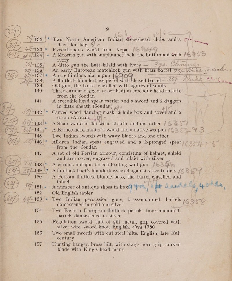 ‘ 5) 4 ‘ it | f ra Two North American Hidtan Maks head clubs afta a oe.  deer-skin bag 4 Fs de ahaa Bee nn.” Executioner’s Zia NAY from Nepal! j&amp; Ay‘ Mi a A Moorish gun with snaphaunce lock, ‘the butt aes with hae O ivory i a D he bi 1 A ditto gun the butt inlaid with ivory - —— SAS. | os —~ 79-136 An early European matchlock gun with ‘brass: Barrel 7 TS af A Ve ae OF 4O]-137}% A rare flintlock alarm gun lq ine 3 ; : ~*~ ~“4g7- 138] A flintlock blunderbuss pisto ith thased babel — 35/ o/ Rr ey: b “t = ey Lae Old gun, the barrel chiselled with figures of saints ; 140 Three curious daggers (inscribed) in crocodile head sheath, from the Soudan - 141 A crocodile head spear carrier and a sword and 2 eS 4 ‘ ee in ditto sheath (Soudan) a’ f) %/-142/* Carved wood dancing, mask, @ hide box and cover aid a Se aaa drum (African) | - | : “// #°4\43!* A Shan sword in flat wood sheath, and one other / &amp; &amp; \f Wo. 5Y-144 /* A Borneo head hunter’s sword and a native weapon /#,.% 0% ¥ 3 Pe (145 Two Indian swords with wavy blades and one other o] 7 $3] 146. All-iron Indian spear engraved and a 2-pronged spear / ai from the Soudan mene 147 A set of old Persian armour, consisting of helmet, shield tt.) 3 and arm cover, engraved and inlaid with silver | i ‘Tas! * A curious antique breech-loading wall gun / 64 {he ery 149° (« A flintlock boat’s blunderbuss used against slave traders {© °/ A Pie Persian dintlock blunderbuss, the ae chiselled md | inlaid ov, J Y- 151/* A number of antique shoes in boxG 0%. ty hy iy pr - nat, had ie * a Heo ‘Rises 152 Old English rapier 7 Ld he) 4yif 153 _* Two Indian percussion guns, brass-mounted, barrels Ne ee © eat damascened in gold and silver | &lt;i 154 Two Eastern European flintlock pistols, brass mounted, | barrels damascened in silver 155 Regulation sword, hilt of gilt metal, grip covered with silver wire, sword knot, English, circa 1780 156 Two small swords with cut steel hilts, English, late 18th century 157 Hunting hanger, brass hilt, with stag’s horn grip, curved blade with King’s head mark