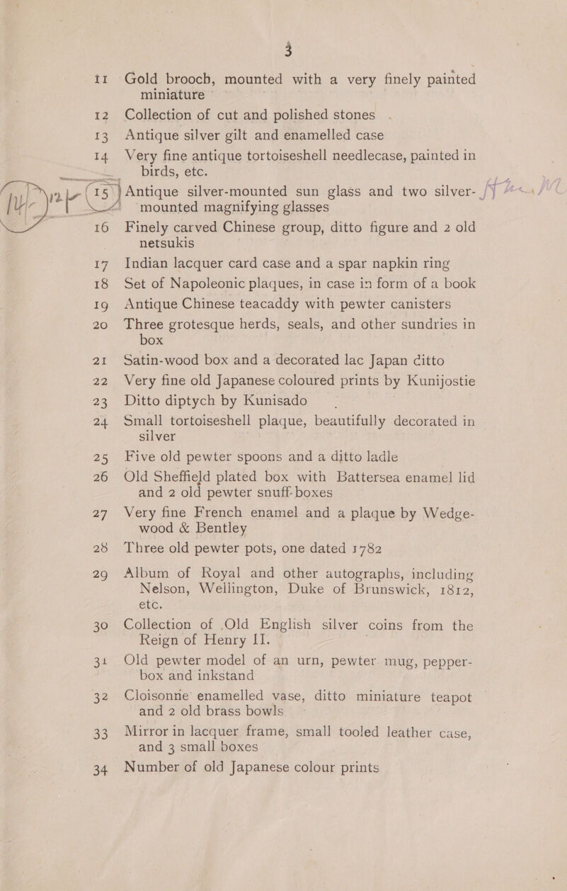 it Gold brooch, mounted with a very finely painted miniature 12 Collection of cut and polished stones 13 Antique silver gilt and enamelled case 14 Very fine antique tortoiseshell needlecase, painted in birds, etc. yi ; ne C5) mounted magnifying glasses 16 Finely carved Chinese group, ditto figure and 2 old netsukis  17 Indian lacquer card case and a spar napkin ring 18 Set of Napoleonic plaques, in case in form of a book 1g Antique Chinese teacaddy with pewter canisters 20 Three grotesque herds, seals, and other sundries in box 21 Satin-wood box and a decorated lac Japan Citto 22 Very fine old Japanese coloured prints by Kunijostie 23 Ditto diptych by Kunisado 24 Small tortoiseshell plaque, beautifully decorated in silver 25 Five old pewter spoons and a ditto ladle 26 Old Sheffield plated box with Battersea enamel lid and 2 old pewter snuff- boxes 27 Very fine French enamel and a plaque by Wedge- wood &amp; Bentley 28 Three old pewter pots, one dated 1782 29 Album of Royal and other autographs, including Nelson, Wellington, Duke of Brunswick, 1812, etc. 30 ©Collection of Old English silver coins from the Reign of Henry II. 31 Old pewter model of an urn, pewter. mug, pepper- box and inkstand 32 Cloisonne’ enamelled vase, ditto miniature teapot and 2 old brass bowls. 33 Mirror in lacquer frame, small tooled leather case, and 3 small boxes 34. Number of old Japanese colour prints
