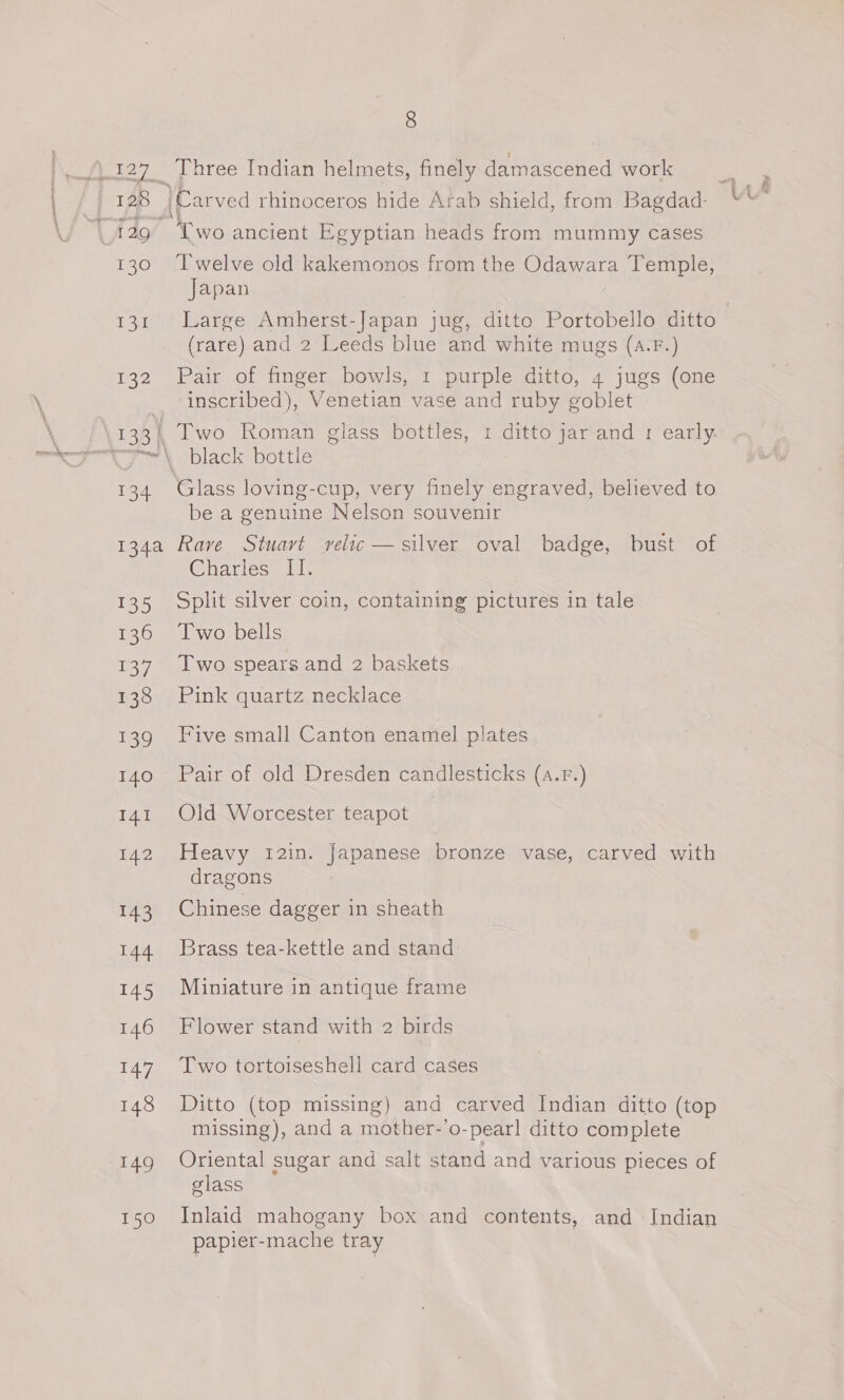 ee Three Indian helmets, finely damascened work ee | 128 [Car ved rhinoceros hide Arab shield, from Bagdad. ¥™ ‘wo ancient Egyptian heads from mummy cases 130 ©‘Twelve old kakemonos from the ee Temple, Japan 131 Large Amherst-Japan jug, ditto Portobello ditto (rare) and 2 Leeds blue and white mugs (a.F.) 132 Pair of finger bowls, 1 purple ditto, 4 jugs (one inscribed), Venetian vase and ruby goblet | 133} Two Roman glass bottles, 1 ditto jar and 1 early. Tr \ black bottle 134 ‘Glass loving-cup, very finely engraved, believed to be a genuine Nelson souvenir 13) 136 137 138 130 140 I41 Ae 143 144 145 149 150 Charles II. | Split silver coin, containing pictures in tale Two bells Two spears and 2 baskets Pink quartz necklace Five small Canton enamel plates Pair of old Dresden candlesticks (a.r.) Old Worcester teapot Heavy 12in. Japanese bronze vase, carved with dragons Chinese dagger in sheath Brass tea-kettle and stand Miniature in antique frame Flower stand with 2 birds Two tortoiseshell card cases Ditto (top missing) and carved Indian ditto (top missing), and a mother-’o-pearl ditto complete Oriental sugar and salt stand and various pieces of glass Inlaid mahogany box and contents, and Indian papier-mache tray