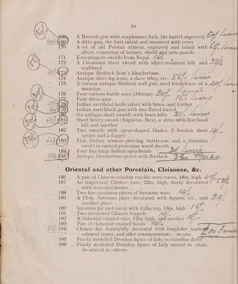   10 A Moorish gun with snaphaunce lock, the barrel engraved. * $e/ Low A ditto gun, the butt inlaid and mounted with ivory A set of old Persian armour, engraved and inlaid with £8 ha eae. silver, consisting of helmet, shield ayjd arm guards Executioners swords from Nepal lbh $9 * - A Circassian short sword with silver-mounted hilt — and ~A ‘Mo scabbard Antique flintlock boat’s blunderbuss bj pf : Antique slave leg irons, a slave whip, etc. 9 9/7 A@77?4* - ay A curious antique flintlock wall gun, used fod Ae of a LOL Lem mansion Ye ro ¢ ‘ Four curious battle axes (African) YS : : Four ditto axes S/o 20th Indian sacrificial knife inlaid with Lee and l other Indian matchlock gun with fine fluted barrel i of § Six antique short swords with brass hilts hfe Kersh Short heavy sword (Augustus Rex), a ditto with lion head hilt and another { Two swords with spear-shaped blades, 2 Soudan short (bp » spears and a dagger Fine Indian armour-piercing battle-axe and a Sumatra sword in carved grotesque wood sheath /  Four fine large Indian spearheads Sef ABELLA Antique bhinderbuss pistol with flintlock “3 @ Tr. €£.   186 187 188 189 190 Too £92 195 196 A pair of Chinese celadon crackle ware vases, 18in. high Ao y, An important Chinfese vase, 22in. high, finely decorated ¢ cH with trees and horses | Two fine specimen pieces of Satsuma ware V4, —— f A 12-in. Satsuma plate decorated with figures, etc., ae &lt;A another piece Satsuma jar and cover with kylin top, 15in. high / 7 Two decorated Chinese teapots M4bh 2 [Gj A cloisonné enamel vase, 12in. high, and another Pair of cloisonné enamel bowls 444    Chinese hat, beautifully decorated with kingfisher feathe coloured stones, and other ornamentations ; 1m case Finely modelled Dresden figure of lady in crinoline dréSe Finely modelled Dresden figure of tady seated in chair, decorated in colours SF ¢ 40 fF @re