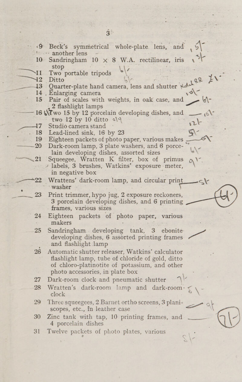 F 10 Bs SEI rae §- _ 18 ae id 15 o ‘Beck’s symmetrical whole-plate. lens, and mre oF ae tN Sandringham 10 x 8 W.A. iris stop \\2 Two portable tripods y Quarter-plate hand camera, lens ae Shots wai ve rectilinear, Pair of scales with weights, in oak case, and 2 flashlight lamps 18 19 ———20 coat Al oe 2D ee — 24 29 28 29 30 Studio camera stand , ; r\ Lead-lined sink, 16 by 23 G\- Eighteen packets of photo paper, various makes aoe Dark-room lamp, 3 plate washers, and 6 porce- 7, . | lain developing dishes, assorted sizes \s\ ‘Squeegee, Wratten K filter, box of primus ar *“ labels, 3 brushes, Watkins’ exposure meter, in negative box _ _Wrattens’ dark-room Mase and circular pri washer | Print trimmer, hypo jug, 2 exposure reckoners, 3 porcelain developing dishes, and 6 printing . frames, various sizes : as | Eighteen packets of Bhote parse various makers | Sandringham. developing tank, 3 -ebonite: developing dishes, 6 assorted printing frames rags and flashlight lamp Automatic shutter releaser, Watkins’ calculator flashlight lamp, tube of chloride of gold, ditto of chloro-platinotite of potassium, and other photo accessories, in plate box Dark-room clock and pneumatic shutter Wratten’s dark-room lamp and dark-room: &lt; \ -~ clock ‘i \ Three squeegees, 2 Barnet ortho screens, 3 plani- _. ak scopes, etc., in leather case \ ql \ a\) Zinc tank with tap, 10 printing frames, and — is 4 porcelain dishes Twelve packets of photo plates, various