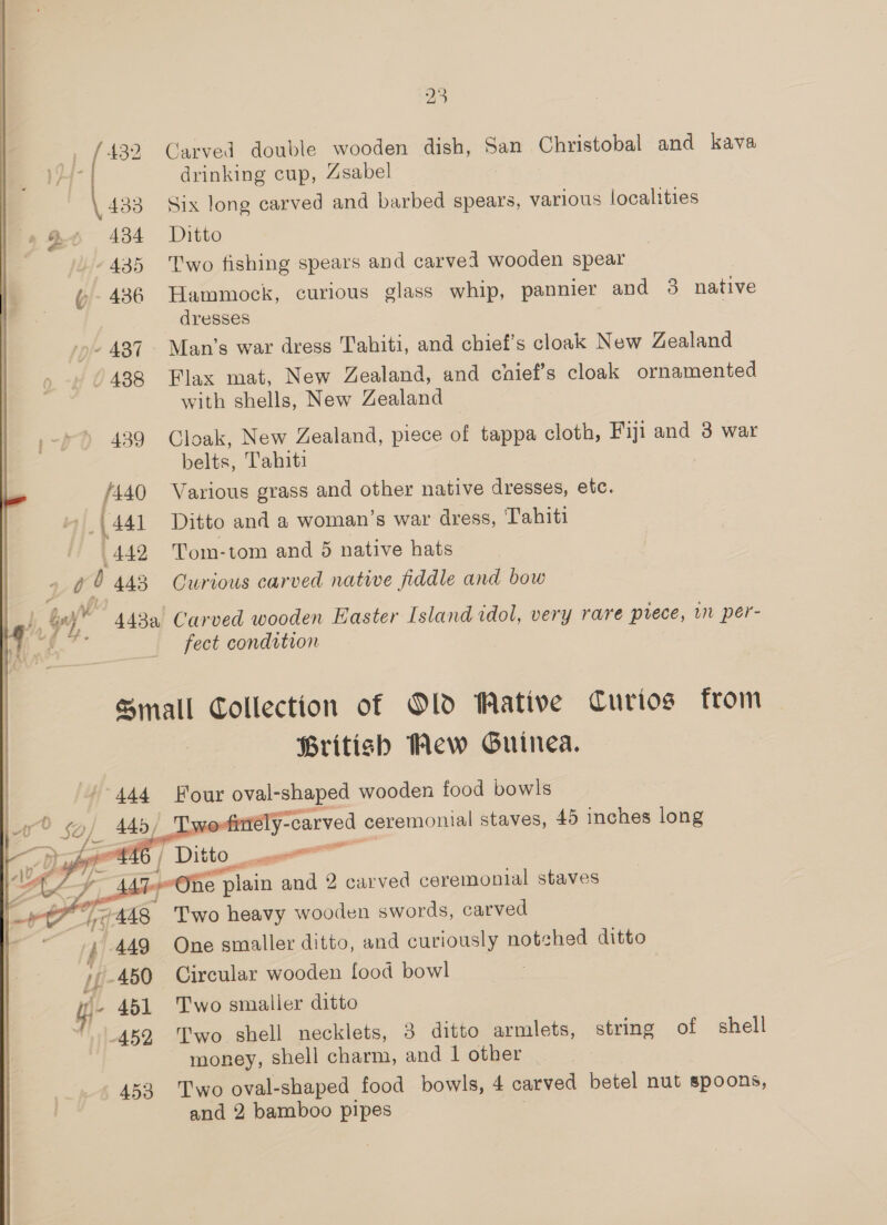 _, {432 Carved double wooden dish, San Christobal and kava lH drinking cup, Zsabel \.433 Six long carved and barbed spears, various localities B41 434 Ditto 435 Two fishing spears and carved wooden spear %- 436 Hammock, curious glass whip, pannier and 3 native dresses | ‘»~ 487 Man’s war dress Tahiti, and chief's cloak New Zealand - 438 Flax mat, New Zealand, and chief's cloak ornamented with shells, New Zealand ;~) &gt;) 489 Cloak, New Zealand, piece of tappa cloth, Fiji and 3 war belts, Tahiti /440 Various grass and other native dresses, etc. » (441 Ditto and a woman’s war dress, Tahiti 442 Tom-tom and 5 native hats 10 d 443 Curvous carved native fiddle and bow i Gay 443a Carved wooden Easter [sland idol, very rare piece, in per- i fect condition Small Collection of Old Wative Curios from British Hew Guinea. 444 Four oval-shaped wooden food bowls Sop. 445, ofiély-carved ceremonial staves, 45 inches long ‘ | Ditto rr -Ofie plain and 2 carved ceremonial staves A 448 Two heavy wooden swords, carved f} 449 One smaller ditto, and curiously notched ditto --450 Circular wooden food bowl ri 451 Two smaller ditto “452 Two shell necklets, 3 ditto armlets, string of shell money, shell charm, and 1 other 453 Two oval-shaped food bowls, 4 carved betel nut spoons, and 2 bamboo pipes   