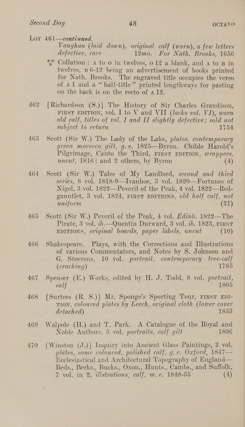 462 463 464 465 466 467 468 470 Vaughan (laid down), original calf (worn), a few letters defectwe, rare 12mo. For Nath. Brooks, 1656 % Collation: a to o in twelves, 0 12 a blank, and a to B in twelves, B 6-12 being an advertisement of books printed for Nath. Brooks. The engraved title occupies the verso of Al and a “ half-title” printed lengthways for pasting on the back is on the recto of a 12. [Richardson (8.)| The History of Sir Charles Grandison, FIRST EDITION, vol. I to V and VII (lacks vol. VI), worn old calf, titles of vol. I and II slightly defective; sold not subject to return 1754 Scott (Sir W.) The Lady of the Lake, plates, contemporary green morocco gilt, g.e. 1825—Byron. Childe Harold’s Pilgrimage, Canto the Third, FIRST EDITION, wrappers, uncut, 1816; and 2 others, by Byron (4) Scott (Sir W.) Tales of My Landlord, second and third serves, 8 vol. 1818-9—Ivanhoe, 3 vol. 1820—Fortunes of Nigel, 3 vol. 1822—Peveril of the Peak, 4 vol. 1822—Red- gauntlet, 3 vol. 1824, FIRST EDITIONS, old half calf, not uniform (21) Scott (Sir W.) Peveril of the Peak, 4 vol. Hdinb. 1822—The Pirate, 3 vol. 26.—Quentin Durward, 3 vol. 1b. 1823, FIRST EDITIONS, original boards, paper labels, uncut (10) Shakespeare. Plays, with the Corrections and Illustrations of various Commentators, and Notes by 8S. Johnson and G. Steevens, 10 vol. portrait, contemporary tree-calf (cracking) 1785 Spenser (.) Works, edited by H. J. Todd, 8 vol. portrait, calf 1805 [Surtees (R. S.)] Mr. Sponge’s Sporting Tour, FIRST EDI- TIon, coloured plates by Leech, original cloth (lower cover detached) 1853 Walpole (H.) and T. Park. A Catalogue of the Royal and Noble Authors, 5 vol. portraits, calf gult 1806 | Winston (J.)| Inquiry into Ancient Glass Paintings, 2 vol. plates, some coloured, polished calf, g.e. Oxford, 1847— Keelesiastical and Architectural Topography of England— Beds., Berks., Bucks., Oxon., Hunts., Cambs., and Suffolk,