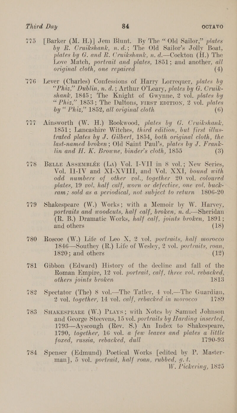 rags 176 CE 09 780 781 184 [Barker (M. H.)| Jem Blunt. By The “ Old Sailor,” plates by R. Cruikshank, n.d.; The Old Sailor’s Jolly Boat, plates by G. and R. Cruikshank, n. d—Cockton (H.) The Love Match, portrait and plates, 1851; and another, all original cloth, one repaired (4) Lever (Charles) Confessions of Harry Lorrequer, plates by “Phiz,” Dublin, n. d.; Arthur O’Leary, plates by G. Crutk- shank, 1845; The Knight of Gwynne, 2 vol. plates by “ Phiz,” 1853; The Daltons, FrRST EDITION, 2 vol. plates by “ Phiz,” 1852, all original cloth (6) Ainsworth (W. H.) Rookwood, plates by G. Cruikshank, 1851; Lancashire Witches, third edition, but first allus- trated plates by J. Gulbert, 1854, both original cloth, the last-named broken; Old Saint Paul’s, plates by J. Frank- lin and H. K. Browne, binder’s cloth, 1855 (3) BELLE ASSEMBLEE (LA) Vol. I-VII in 8 vol.; New Series, Vol. II-IV and XI-X VIII, and Vol. XXI, bound with odd numbers of other vol., together 20 vol. coloured plates, 19 vol. half calf, worn or defective, one vol. buck- ram; sold as a periodical, not subject to return 1806-20 Shakespeare (W.) Works; with a Memoir by W. Harvey, portraits and woodcuts, half calf, broken, n. d—Sheridan (R. B.) Dramatic Works, half calf, joints broken, 1891; and others (18) Roscoe (W.) Life of Leo X, 2 vol. portraits, half morocco 1846—Southey (R.) Life of Wesley, 2 vol. portraits, roan, 1820; and others (12) Gibbon (Edward) History of the decline and fall of the Roman Empire, 12 vol. portrait, calf, three vol. rebacked, others joints broken 1813 Spectator (The) 8 vol—The Tatler, 4 vol—The Guardian, 2 vol. together, 14 vol. calf, rebacked in morocco 1789 SHAKESPEARE (W.) Puays; with Notes by Samuel Johnson and George Steevens, 15 vol. portraits by Harding inserted, 1793—Ayscough (Rev. 8.) An Index to Shakespeare, 1790, together, 16 vol. a few leaves and plates a little foxed, russia, rebacked, dull 1790-93 Spenser (Edmund) Poetical Works [edited by P. Master- man], 5 vol. portrait, half roan, rubbed, g. t. W. Pickering, 1825
