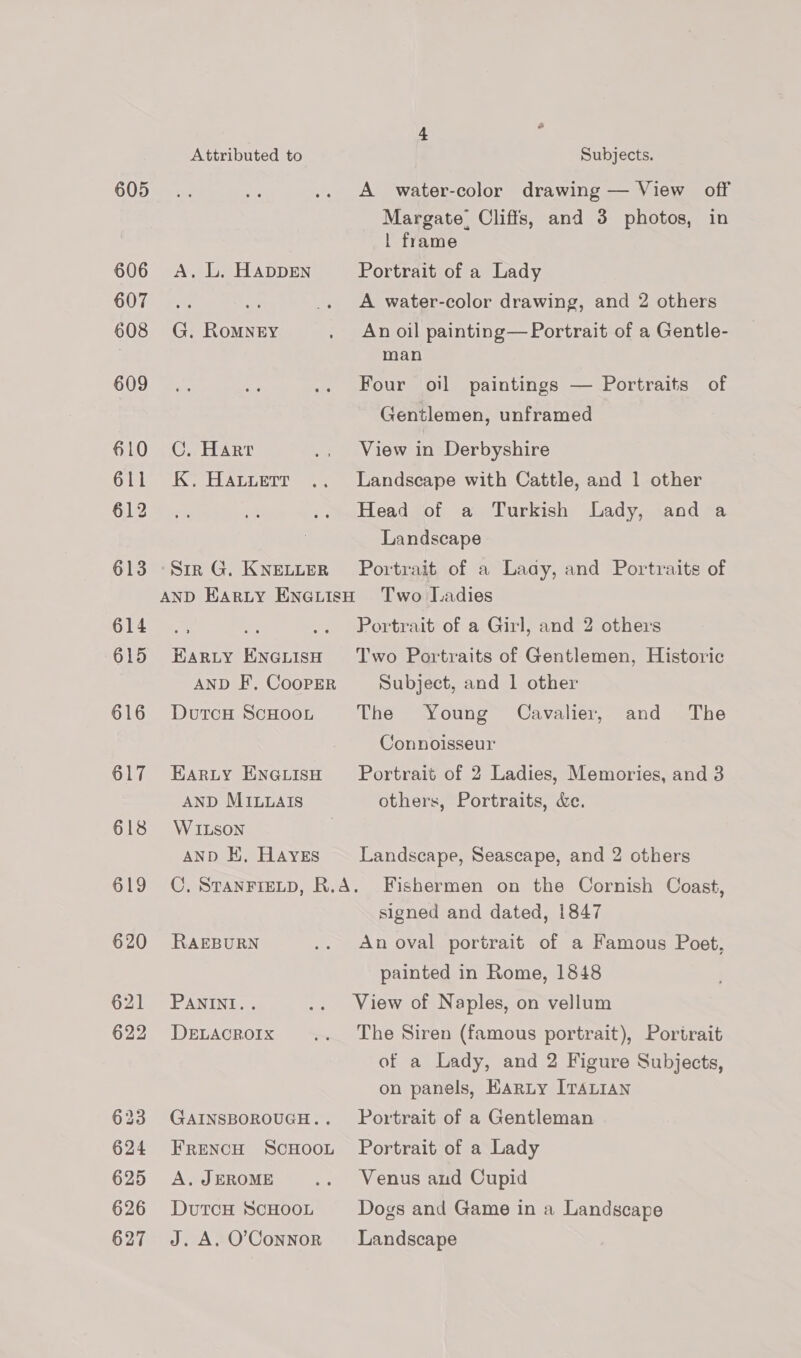 606 607 608 609 610 611 612 613 614 615 616 617 618 619 620 621 622 623 624 625 626 627 Attributed to Subjects. Margate, Cliffs, and 3 photos, in | frame A. L. HADDEN Portrait of a Lady ah ue _.. <A water-color drawing, and 2 others G. Romney . An oil painting— Portrait of a Gentle- man Four oil paintings — Portraits of Gentlemen, unframed C. Harr .. View in Derbyshire K. Hatietr .. Landscape with Cattle, and 1 other Head of a Turkish Lady, and a Landscape Sir G. Knetyer Portrait of a Laay, and Portraits of ; Portrait of a Girl, and 2 others Earty EneuisH ‘Two Portraits of Gentlemen, Historic AND F. CooPEr Subject, and 1 other DutcH ScHOOL The Young Cavalier, and The Connoisseur Earuty EneuisH Portrait of 2 Ladies, Memories, and 3 AND MILLAIS others, Portraits, &amp;e. WILson | AND EK. HAyEs Landscape, Seascape, and 2 others C. STANFIELD, R.A. Fishermen on the Cornish Coast, signed and dated, 1847 RAEBURN .. Anoval portrait of a Famous Poet, painted in Rome, 1848 PANINI. . .. View of Naples, on vellum Detacrorx .. The Siren (famous portrait), Portrait of a Lady, and 2 Figure Subjects, on panels, EArzty ITALIAN GAINSBOROUGH.. Portrait of a Gentleman Frenco Scuoot Portrait of a Lady A. JEROME .. Venus and Cupid DutTCcH SCHOOL Dogs and Game in a Landscape J. A. O'Connor Landscape
