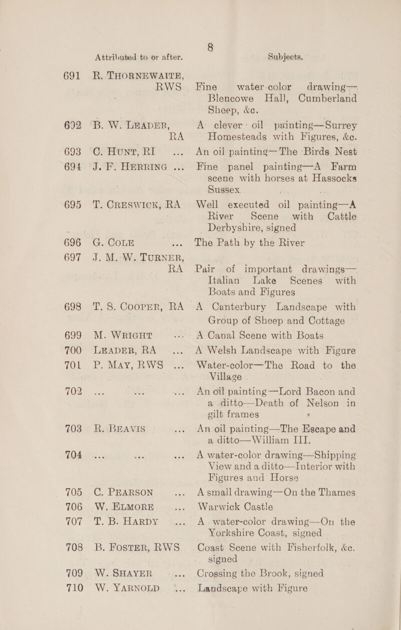 691 692 693 694 695 696 697 698 699 700 TOL 703 704 105 706 107 708 709 710 Attributed to or after. RWS C. Hunt, RI J.) HRRRING 2.2 T. CRESWICK, RA G. CoLE J. M.ooW. TURNER, RA T. 5. Cooper, RA M. WRIGHT LEADER, RA P. May, RWS R.: BEAVIS W. ELMORE T. B. HARDY B. FOSTER, RWS W. SHAYER W. YARNOLD Subjects. Fine water-color drawing Blencowe Hall, Cumberland Sheep, &amp;c. A clever: oil painting——Surrey Homesteads with Figures, &amp;c. An oil painting— The Birds Nest Fine panel painting—A Farm scene with horses at Hassocks Sussex. Well executed oll rake River Scene with Cattle Derbyshire, signed The Path by the River Pair of important drawings— Itahan ake Scenes with Boats and Figures A Canterbury Landscape with Group of Sheep and Cottage A Canal Scene with Boats A Welsh Landscape with Figure Water-color—The Road to the Village An oil painting —Lord Haye and a ditto—Death of Reueh in gilt frames An oil painting—The tae and a ditto—William ITI. A water-color drawing—Shipping View and a ditto—Interior with Figures and Horse A small drawing—On the Thames Warwick Castle A .water-color drawing—On the Yorkshire Coast, signed Coast Scene with Fisherfolk, &amp;e. signed Crossing the Brook, signed Landscape with Figure