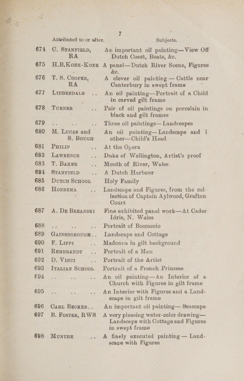 674 675 677 678 679 680 682 683 684 685 686 687 688 689 690 691 632 694 695 696 697 698 C, STANFIELD, RA Subjects. An important oil painting—View Off Dutch Coast, Boats, &amp;c. TS. Cooprr, RA LIDDERDALE TURNER M. Lucas and S. BovucH PHILIP LAWRENCE re: BAKER STANFIELD DutcH ScHooL HopBemMa A. Dr BREANSKI GAINSBOROUGH. : F, Lippt REMBRANDT D, Vinc1 Iratian ScHooL CarL BECKER.. B. Foster, RWS MuntTHE de. A clever oil painting — Cattle near Canterbury in swept frame = An oil painting—Portrait of a Child in carved gilt frame Pair of oil paintings on porcelain in black and gilt frames Three oi! paintings— Landscapes An oil painting— Landscape —_ i other—Child’s Head At the Opera Duke of Wellington, Artist’s proof Mouth of River, Wales A Dutch Harbour Holy Family Landscape and Figures, from the col- lection of Captain Aylwood, Grafton Court Fine exhibited panel work—At Cader Idris, N. Wales Portrait of Boccaccio Landscape and Cottage Madonna in gilt Ose oo Portrait of a Man Portrait of the Artist Portrait of a French Princess An oil painting—An Interior of a Church with Figures in gilt frame An Interior with Figures and a Land- scape in gilt frame An important oil painting— Seascape A very pleasing water-color drawing— Landscape with Cottage and Figures in swept frame A finely executed painting — Land- scape with Figures