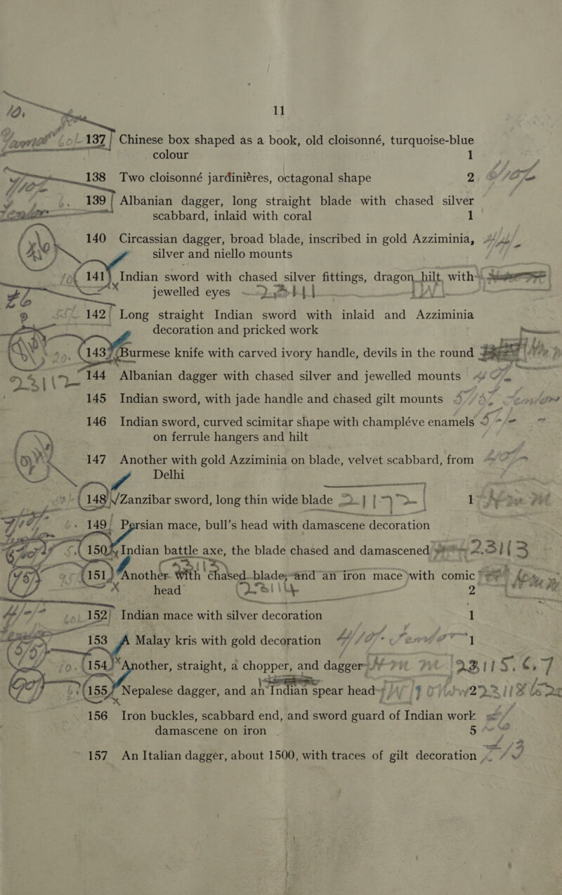   colour 1 138 Two cloisonné jardiniéres, octagonal shape 2 387 | Albanian dagger, long straight blade with chased silver scabbard, inlaid with coral 1 140 Circassian dagger, broad blade, inscribed in gold Azziminia, silver and niello mounts      jewelled eyes ~ 2.44) ») FS, 142, Long straight Indian sword with inlaid and Azziminia decoration and pricked work 145 Indian sword, with jade handle and chased gilt mounts 4 on ferrule hangers and hilt      147 Another with gold Azziminia on blade, velvet scabbard, from Delhi  head es VU Sadie 2 bal 1 52 | Indian mace with silver dec nae 1 Malay kris with gold decoration 4 /O7- Sener)  156 Iron buckles, scabbard end, and sword Bid’ of faa work 