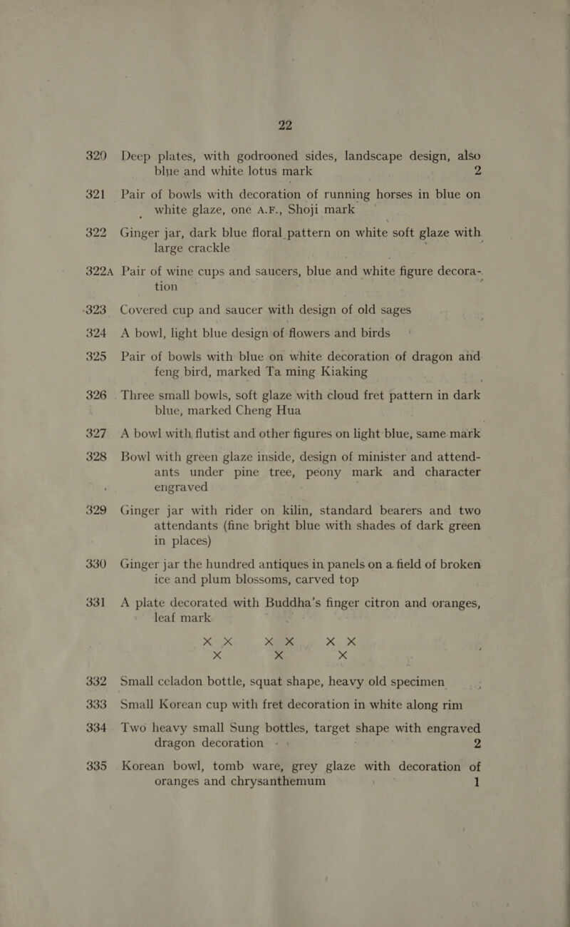 320 321 322 -323 324 325 326 327 328 329 330 331 332 333 334 335 22 Deep plates, with godrooned sides, landscape design, also blue and white lotus mark 2 Pair of bowls with decoration of running ie in ‘blue on white glaze, one A.F., Shoji. mark ~ large crackle tion Covered cup and saucer with design of old sages A bowl, light blue design of-flowers and birds Pair of bowls with blue on white decoration of dragon and feng bird, marked Ta ming Kiaking blue, marked Cheng Hua Bowl with green glaze inside, design of minister and attend- ants under pine tree, peony mark and character engraved Ginger jar with rider on kilin, standard bearers and two attendants (fine bright blue with shades of dark green in places) Ginger jar the hundred antiques in panels on a field of broken ice and plum blossoms, carved top A plate decorated with Buddha’ s finger citron and oranges, leaf mark | K 2K Xe Ke x xX xX Small Korean cup with fret decoration in white along rim Two heavy small Sung bottles, target so a with engraved dragon decoration - : 2 Korean bowl, tomb ware, grey glaze with decoration of oranges and chrysanthemum 1 ee