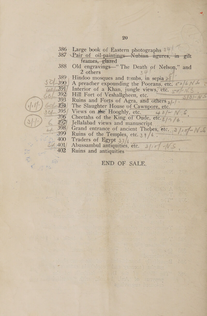 Large book of Eastern photographs a FF Pair. of _oil-paintings—Nubian— fgures;- —in-—gilt ~ frames, = Old engravings—“ The eg of Nebeg and 2 others Ruins and Forts of er and others 5 2/- The Slaughter House of -Cawnpore, ¢ ete. : Cheetahs of the King of Oude, etc” 2) ’ Jellalabad views and manuscript Ruins of the Temples, ete. 39/6 Traders of Egypt 37/ Se yi Ease Abussambul antiquities, ete. 3fre PMS Ruins and antiquities END:.OF— SALE. on