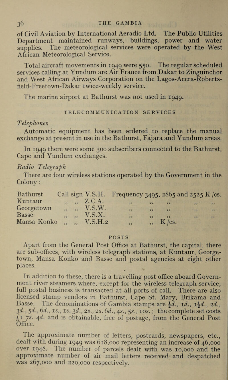of Civil Aviation by International Aeradio Ltd. The Public Utilities Department maintained runways, buildings, power and water supplies. The meteorological services were operated by the West African Meteorological Service. Total aircraft movements in 1949 were 550. The regular scheduled services calling at Yundum are Air France from Dakar to Zinguinchor and West African Airways Corporation on the Lagos-Accra-Roberts- field-Freetown-Dakar twice-weekly service. The marine airport at Bathurst was not used in 1949. TELECOMMUNICATION SERVICES T elephones Automatic equipment has been ordered to replace the manual exchange at present in use in the Bathurst, Fajara and Yundum areas. In 1949 there were some 300 subscribers connected to the Bathurst, Cape and Yundum exchanges. Radio Telegyaph There are four wireless stations operated by the Government in the Colony : Bathurst Call sign V.S.H. Kuntaur ,, ,, Z.C.A. Georgetown ,, ,, V.S.W. Basse ,, ,, V.S.X. Mansa Konko ,, ,, V.S.H.2 Frequency 3495, 2865 and 2525 K /cs. 7 7 7 7 7 7 7 7 7 7 7 7 7 7 7 7 7 7 7 7 7 7 7 7 7 7 „ ,, K/cs. 7 7 7 7 POSTS Apart from the General Post Office at Bathurst, the capital, there are sub-offices, with wireless telegraph stations, at Kuntaur, George¬ town, Mansa Konko and Basse and postal agencies at eight other places. • In addition to these, there is a travelling post office aboard Govern¬ ment river steamers where, except for the wireless telegraph service, full postal business is transacted at all ports of call. There are also licensed stamp vendors in Bathurst, Cape St. Mary, Brikama and Basse. The denominations of Gambia stamps are \d., id., 1 \d., 2d., 3d., 5d., 6d., is., is. 3d., 2s., 2s. 6d., 4s., 5s., 10s.; the complete set costs £1 ys. 4d. and is obtainable, free of postage, from the General Post Office. The approximate number of letters, postcards, newspapers, etc., dealt with during 1949 was 618,000 representing an increase of 46,000 over 1948. The number of parcels dealt with was 10,000 and the approximate number of air mail letters received and despatched was 267,000 and 220,000 respectively.
