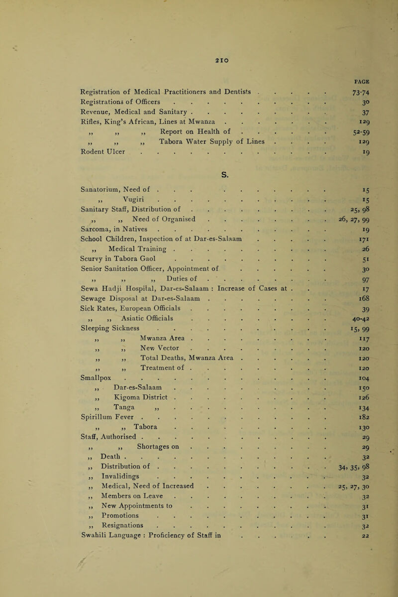 PAGE Registration of Medical Practitioners and Dentists ..... 73-74 Registrations of Officers .......... 30 Revenue, Medical and Sanitary ......... 37 Rifles, King’s African, Lines at Mwanza ....... 129 ,, ,, ,, Report on Health of ..... 52-59 ,, ,, ,, Tabora Water Supply of Lines .... 129 Rodent Ulcer ............ r9 s. Sanatorium, Need of . „ Vugiri . . Sanitary Staff, Distribution of ,, ,, Need of Organised Sarcoma, in Natives School Children, Inspection of at Dar-es-Salaam ,, Medical Training . Scurvy in Tabora Gaol Senior Sanitation Officer, Appointment of ,, ,, ,, Duties of Sewa Hadji Hospital, Dar-es-Salaam : Increase of Sewage Disposal at Dar-es-Salaam Sick Rates, European Officials ,, ,, Asiatic Officials Sleeping Sickness ,, ,, Mwanza Area ,, ,, New Vector ,, ,, Total Deaths, Mwanza Area ,, ,, Treatment of Cases at Smallpox ...... ,, Dar-es-Salaam ,, Kigoma District . ,, Tanga ,, . . . Spirillum Fever ..... ,, „ Tabora Staff, Authorised ..... ,, ,, Shortages on ,, Death ...... ,, Distribution of . ,, Invalidings .... ,, Medical, Need of Increased ,, Members on Leave ,, New Appointments to ,, Promotions .... ,, Resignations .... Swahili Language : Proficiency of Staff in 15 JS 25, 98 26, 27, 99 19 171 26 SI 30 97 17 168 39 40-42 x5> 99 “7 120 120 120 IO4 150 126 134 182 130 29 29 32 34> 35) 98 32 25) 27, 30 32 31 31 32 22