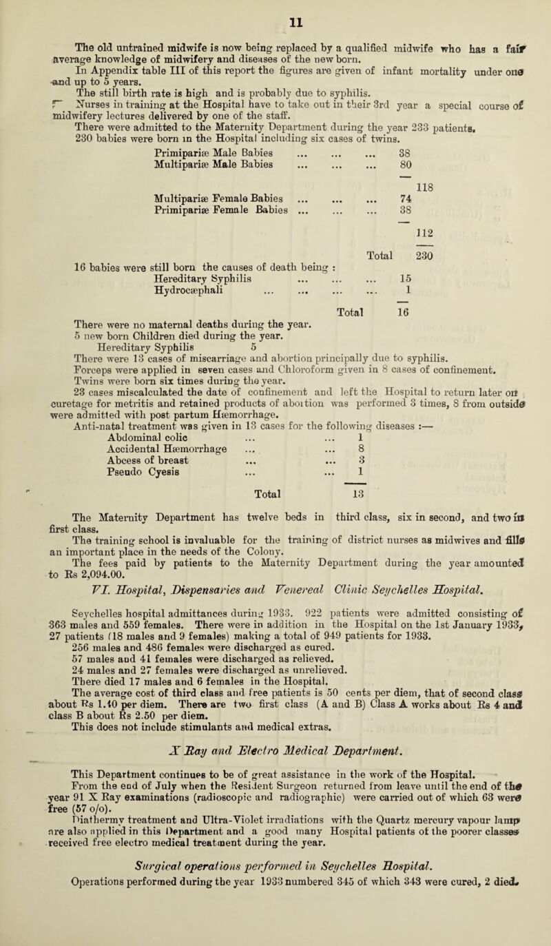 The old untrained midwife is now being replaced by a qualified midwife who has a fa\t average knowledge of midwifery and diseases of the new born. In Appendix table III of this report the figures are given of infant mortality under one! ^nd up to 5 years. The still birth rate is high and is probably due to syphilis. F~ Nurses in training at the Hospital have to take out in their 3rd year a special course ot midwifery lectures delivered by one of the staff. There were admitted to the Maternity Department during the year 233 patients* 230 babies were born in the Hospital including six cases of twins. Primiparise Male Babies Multiparise Male Babies 38 80 Multiparise Female Babies Primiparise Female Babies 118 74 38 112 16 babies were still born the causes of death being : Hereditary Syphilis Hydrocsephali Total 230 15 1 Total 16 There were no maternal deaths during the year. 5 new born Children died during the year. Hereditary Syphilis 5 There were 13 cases of miscarriage and abortion principally due to syphilis. Forceps were applied in seven cases and Chloroform given in 8 cases of confinement. Twins were born six times during the year. 23 cases miscalculated the date of confinement and left the Hospital to return later oit curetage for metritis and retained products of aboition was performed 3 times, 8 from outside were admitted with post partum Haemorrhage. Anti-natal treatment was given in 13 cases for the following diseases :— Abdominal colic Accidental Haemorrhage Abcess of breast Pseudo Cyesis 1 8 3 1 Total 13 The Maternity Department has twelve beds in third class, six in second, and two in first class. The training school is invaluable for the training of district nurses as midwives and fills an important place in the needs of the Colony. The fees paid by patients to the Maternity Department during the year amounted to Rs 2,094.00. VI. Hospital, Dispensaries and Venereal Clinic Seychelles Hospital. Seychelles hospital admittances during 1933. 922 patients were admitted consisting’ of 363 males and 559 females. There were in addition in the Hospital on the 1st January 1933* 27 patients (18 males and 9 females) making a total of 949 patients for 1933. 256 males and 486 females were discharged as cured. 57 males and 41 females were discharged as relieved. 24 males and 27 females were discharged as unrelieved. There died 17 males and 6 females in the Hospital. The average cost of third class and free patients is 50 cents per diem, that of second class about Rs 1.10 per diem. There are two first class (A and B) Class A works about Rs 4 and class B about Rs 2.50 per diem. This does not include stimulants and medical extras. X Ray and Electro Medical Department. This Department continues to be of great assistance in the work of the Hospital. From the end of July when the Resident Surgeon returned from leave until the end of th# year 91 X Ray examinations (radioscopic and radiographic) were carried out of which 63 wer£ free (57 o/o). Diathermy treatment and Ultra-Violet irradiations with the Quartz mercury vapour lamps are also applied in this Department and a good many Hospital patients of the poorer classes received free electro medical treatment during the year. Surgical operations performed in Seychelles Hospital. Operations performed during the year 1933 numbered 345 of which 343 were cured, 2 died#