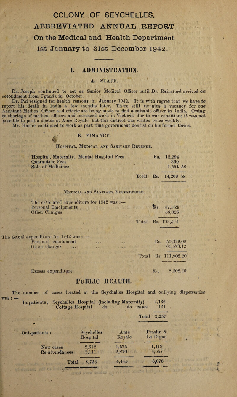 COLONY OF SEYCHELLES. ABBREVIATED ANNUAL REPORT On the Medical and Health Department 1st January to 31st December 1942. *» I. ADMINISTRATION. A. STAFF. Dr. Joseph continued to act as Senior Medical Officer until Dr. Rainsrord arrived gib secondment from Uganda in October. Dr. Pai resigned for health reasons in January 1042. It is with regret that we have ter report his death in India a few months later. Thjre still remains a vacancy for one Assistant Medical Officer and efforfc^-are being made to find a suitable officer in India. Owing to shortage of medical officers and increased work in Victoria due to war conditions it was not possible to post a doctor at Anse Royale but this district was visited twice weekly. Mr. Harter continued to work as part time government dentist on his former terms. B. FINANCE. Hospital, Medical and Sanitary Revenue. Hospital, Maternity, Mental Hospital Fees Quarantine bees Sale of Medicines Ks. 12,294 360 1.554 58 Total Rs. 14,208 58 Medical and Sanitary Expenditure. The estimated expenditure for 1942 was :— Personal Emoluments Other Charges Its. 47,56A 56,025 Total Rs. 108,594 The actual expenditure for 1942 was : — Personal emolument ... ... Rs. 50,329.08 Utuer charges ... ... .... - 61,573.12 Total Rs. 111,902.20 / Excess expenditure PUBLIC HEALTH. R . 8,208.20 ' i The number of cases treated at the Seychelles Hospital and outlying dispensaries was: — In-patients ; Seychelles Hospital (including Maternity) 2,186 Cottage Hospital do do cases 121 , s Total 2,257 » Out-patients : Seychelles Anse Praslin & Hospital Royale La Digue New cases 2,612 1,575 1,419 Re-atiendances 3,111 2,870 4,657 8,723 4,445 6,076 V (* Total