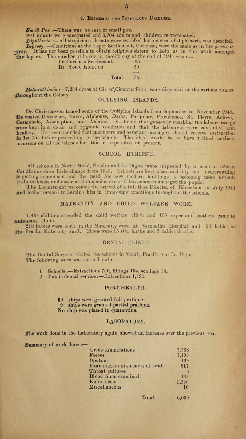 2. Epidemic and Infectious Diseases. Email Pox -There was no case of small pox. 801 infants were vaccinated and 3,704 adults and children re-vaccinated. Diphtheria :—All suspicious throats were swabbed but no case of diphtheria was detected. Leprosy :—Conditions at the Leper Settlement, Curieuse, were the same as in the previous yyear. It has not been possible to obtain religious sisters to help us in the work amongst the lepers. The number of lepers in the Colony at the end of 1044 was :— In Curieuse Settlement 55 In Home Isolation 20 Total 75 Helminthiasis :—7,234 doses of Oil of4Chenopodium were dispensed at the various clinics JJliroughout the Colony. OUTLYING ISLANDS. Dr. Christianson toured some of the Outlying Islaeds from September to November 1944. •Be visited Desroclies, Poivre, Alphonse, Davos, Earquhar, Providence, St. Pierre, Astove, Cosmoledo, Assumption, and Aldabra. He found that generally speaking the labour camps were kept in a chan and hygienic condition and that the labourers were contented and healthy. He recommended that managers and assistant managers should receive instruction in 1st Aid before proceeding to the islands. The ideal would be to have trained medical dressers on all the islands but this is impossible at present. SCHOOL HIG1ENE. All schools in North Mahe, Praslin and La Digue were inspected by a medical officer. Coi ditions show little change from 1943. Schools are kept clean and tidy but overcrowding is getting commcner and the need for new modern buildings is becoming more urgent. Helminthiasis and associated anaemias aie still too common amongst the pupils. The Department welcomes the arrival of a full time Director of Education in July 1944 .and looks forward to helping him in improving conditions throughout the schools. MATERNITY AND CHILD WELFARE WORK. 1,454 children attended the child welfare clinic and 185 expectant mothers came to ante-natal clinic. 228 babies were born in the Maternity ward at Seychelles Hospital anl 28 babies in ihe Praslin Maternity ward. There were 15 still-births and 2 babies deaths. DENTAL clinic. The Dental Surgeon visited the schools in Mahe, Praslin and La Digue. The following work was carried out: — 1 Schools :—Extractions 786, fillings 154, sea ings 18. 2 Public dental service :—Extractions 1,990. PORT HEALTH. 50 ships were granted full pratique. 9 ships were granted partial pratique. No ship was placed in quarantine. LABORATORY. Xhe work done in the Laboratory again showed an increase over the previous year. Summary of work done :— Urine examinations 2,768 Eaeces 1,105 Sputum 164 Examination of smear and swabs 617 Throat cultures 3 Blood films examined 141 Kahn Jests 1,236 Miscellaneous 16 Total 6,050