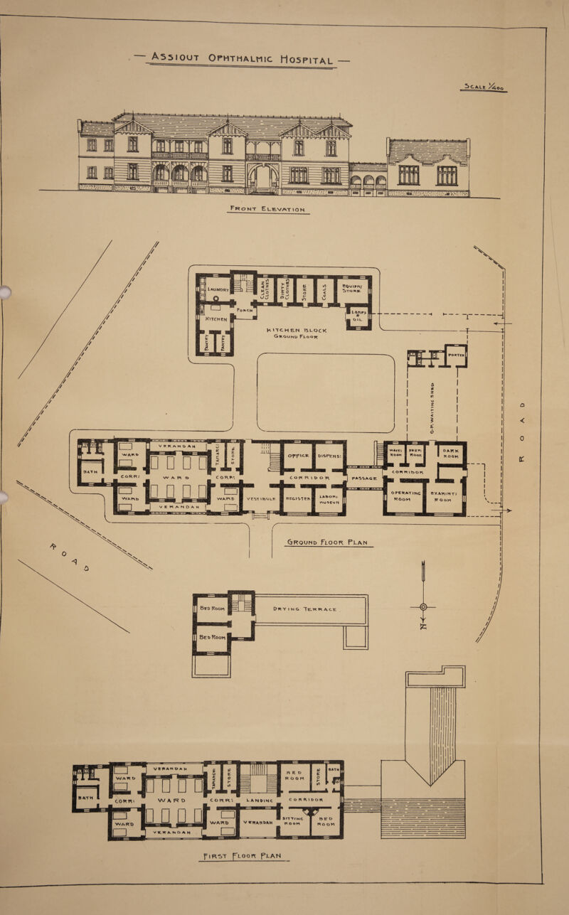 Assiqut Ophthalmic Hospital Scale Ya Aoo 1 ■ ■ ■ ■ L a o . M Front Elevation a < 0 First frLoon Plan