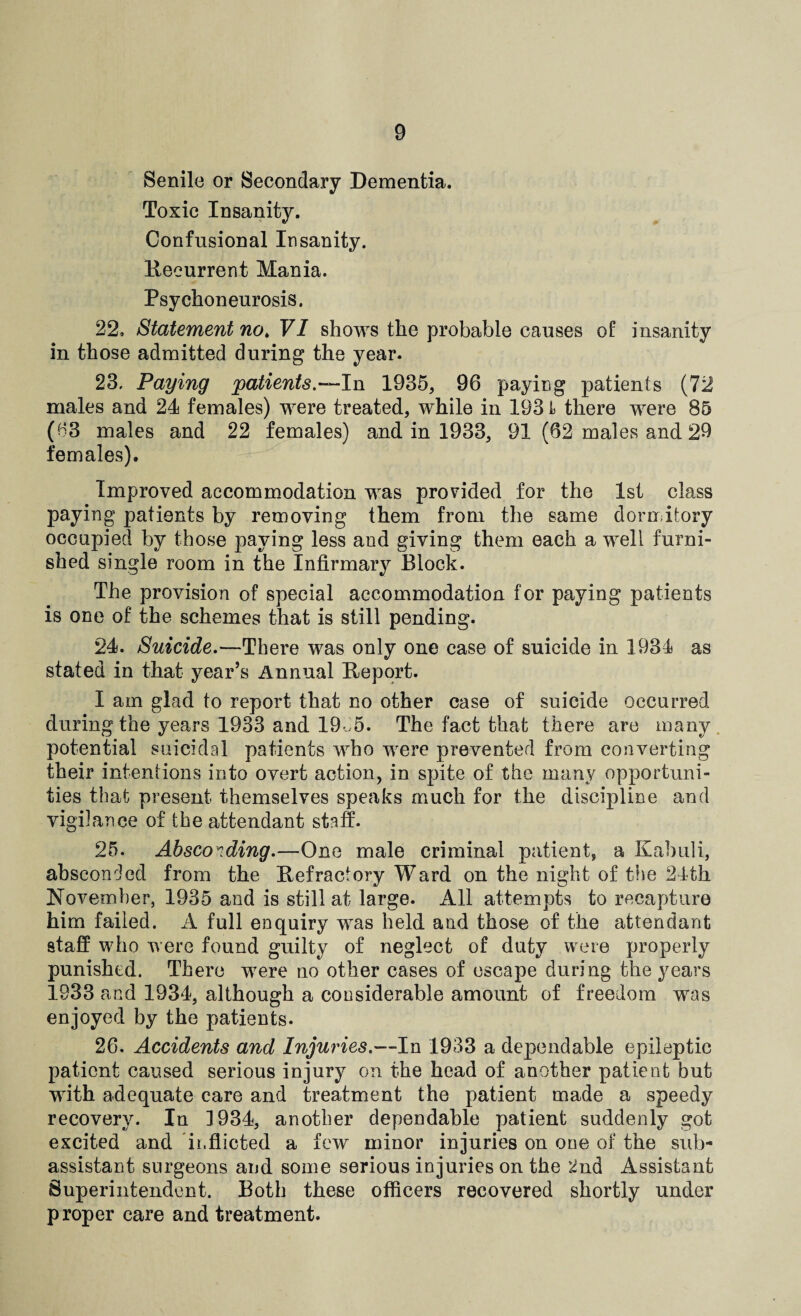 Senile or Secondary Dementia. Toxic Insanity. Confusional Insanity. Recurrent Mania. Psychoneurosis. 22. Statement no. VI shows the probable causes of insanity in those admitted during the year. 23. Paying patients.—In 1935, 96 paying patients (72 males and 24 females) were treated, while in 1931 there were 85 (63 males and 22 females) and in 1933, 91 (62 males and 29 females). Improved accommodation was provided for the 1st class paying patients by removing them from the same dormitory occupied by those paying less and giving them each a well furni¬ shed single room in the Infirmary Block. The provision of special accommodation for paying patients is one of the schemes that is still pending. 24. Suicide.—There was only one case of suicide in 1934 as stated in that year’s Annual Report. I am glad to report that no other case of suicide occurred during the years 1933 and 19^5. The fact that there are many potential suicidal patients who were prevented from converting their intentions into overt action, in spite of the many opportuni¬ ties that present themselves speaks much for the discipline and vigilance of the attendant staff. 25. Absconding.—One male criminal patient, a Kabuli, absconded from the Refractory Ward on the night of the 24th November, 1935 and is still at large. All attempts to recapture him failed. A full enquiry was held and those of the attendant staff who were found guilty of neglect of duty were properly punished. There were no other cases of escape during the years 1933 and 1934, although a considerable amount of freedom was enjoyed by the patients. 26. Accidents and Injuries.—In 1933 a dependable epileptic patient caused serious injury on the head of another patient but with adequate care and treatment the patient made a speedy recovery. In ]934, another dependable patient suddenly got excited and inflicted a few minor injuries on one of the sub¬ assistant surgeons and some serious injuries on the 2nd Assistant Superintendent. Both these officers recovered shortly under proper care and treatment.