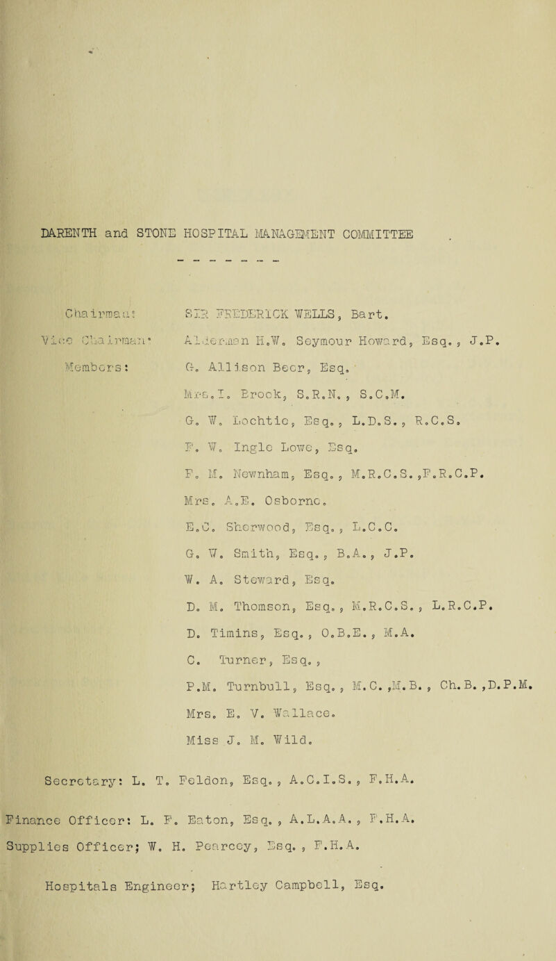 Chairman! SIR FREDERICK WELLS, Bart. Vice GLai.rman0 Alderman H.W. Seymour Howard, Esq. , J.P. Members: G. Alii.son Beer, Esq. Mrs.I. Brook, S.R.No, S.C.M. G. W0 Lochtic, Esq., L.D.S., R.C.S. F. W. Ingle Lowe, Esq. F0 M. Newnham, Esq., M.R.C.S.,F.R.C.P. Mrs. A.E. Osborne. E.C. Sherwood, Esq., L.C.C. Go W. Smith, Esq., B.A., J.P. W. A. Steward, Esq. D. M. Thomson, Esq., M.R.C.S., L.R.C.P. D. Timins, Esq., O.B.E., M'.A. C. Turner, Esq. , P.M. Turnbull, Esq., M.C. ,M.B. , Ch.B. ,D.P.M. Mrs. E. V. Wallace. Miss J. M. Wild. Secretary: L. T. Feldon, Esq., A.C.I.S., F.H.A. Finance Officer: Le P0 Eaton, Esq., A.L.A.A., F.H.A. Supplies Officer; W. H. Pearcey, Esq. , F.H.A. Hospitals Engineer; Hartley Campbell, Esq.