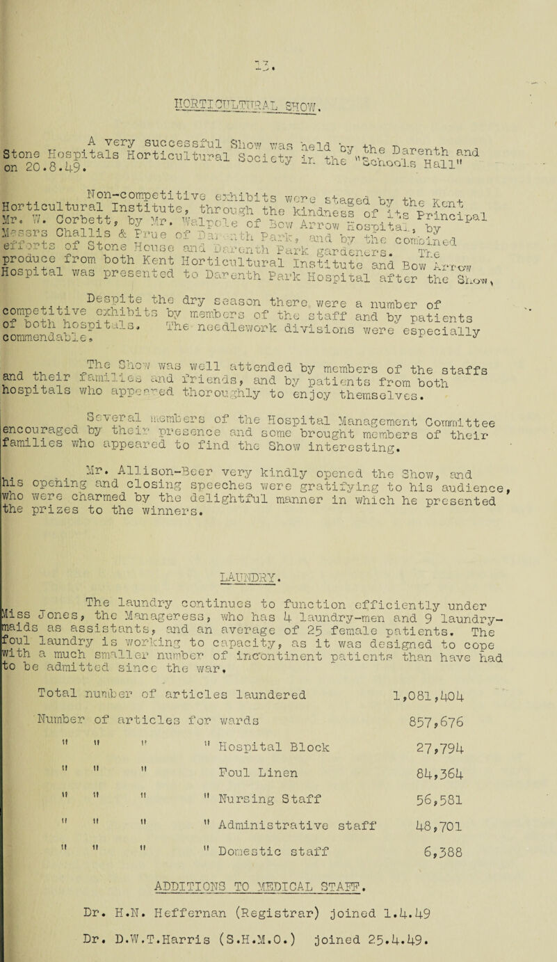 horticultural show . A very successful Show was Stone Hospitals Horticultural Society on 20.8.49.  ' ' J held oy the Daren'th and in the Behoofs Hall” _ .. 1+ Non-competxtive exhibits were staged by the Kent Horticultural Institute, through the kindnesl of its Mr. Corbett, by Mr. Walpole of Bow Arrow Kos-oitaf -Vi ssrs Challis & Prue efforts of Stone House or Da:r -nth by . , _ i.Park,, and by the combined ana narenth Park gardeners. Tie produce from both Kent Horticultural Institute and Bow Ur™ Hospital was presented to Lsrenth Park Hospital after the Show, Despite competitive exhibit of both hospitals, commendable» the dry season there were a number of s by members of the staff and by patients iiie needlework divisions were especially and their hospitals The f ami who appe Show was i. i. e s and wed _well attended hy members of the staffs friends, and by patients from both thoroughly to enjoy themselves. Several members of the encouraged by their presence and families who appeared to find the Hospital Management some brought members Show interesting. C ommi11 ee of their Aliison-Beer very kindly opened the Show, and his opening and closing speeches were gratifying to his audience wno were charmed by the delightful manner in which he presented the prizes to the winners. LAUNDRY. The laundry continues to function efficiently under Miss Jones, the Manageress, who has 4 laundry-men and 9 laundry- maids as assistants, and an average of 25 female patients. The foul laundry is working to capacity, as it was designed to cope with a much smaller number of incontinent patients than have had to be admitted since the war. Total Number tt u n ii I! number of articles laundered 1,081,404 of articles for wards 857,676  ’’ u Hospital Block 27,794 11 ” Foul Linen 84*364    Nursing Staff 56,581 ” u u Administrative staff 48,701 11 ,f ” Domestic staff 6,388 ADDITIONS TO MEDICAL STAFF. Dr. H.N. Heffernan (Registrar) joined 1,4.49 Dr. D.W.T.Harris (S.H.M.O.) joined 25.4.49.