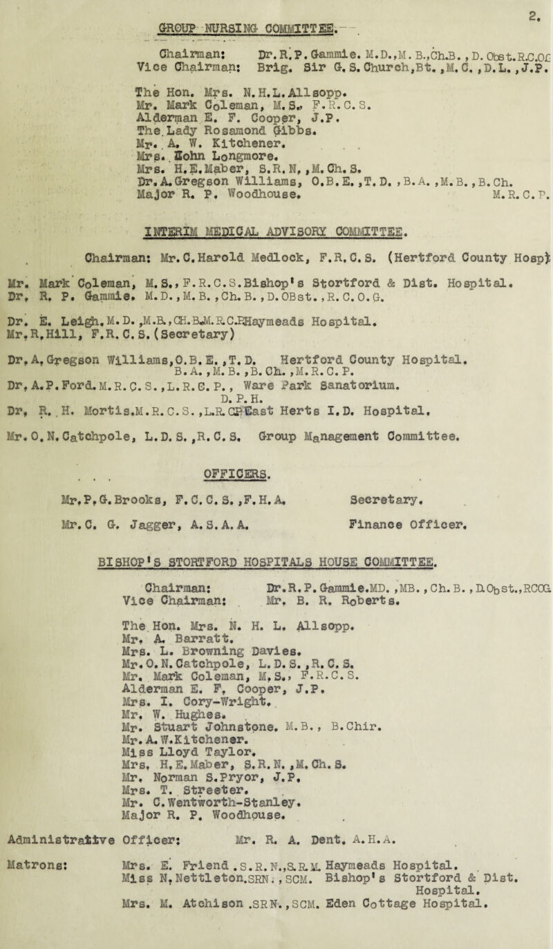 2. GROUP NURSI NG COMMITTEE.- Chairman: Dr.R’P. Gammie. B.,Ch.B., D. Obst.R.C.O£ Vice Chairman; Brig. Sir G, S. Church,Bt, ,M. C, , D. L. ,J.P. The Hon. Mrs. N. H.L. Allsopp. Mr* Mark Coleman, M, S*> F.R.c.S. Alderman E. F. Cooper, J.P. The.Lady Rosamond Gibbs. Mr*. A. W. Kitchener. Mrs*.Sohn Longmore. Mrs. H. E.Maber, S.R. N, ,M, Oh. S. Br.A.Gregson Williams, Q.B. E. ,T. D. , B. A. ,M. B., B. Ch. Major R. P. Woodhouse. M.R.C.P. MEDICAL ADVISORY COMMITTEE. Ghairman: Mr.C.Harold Mediock, F.R.C.S. (Hertford County Hospjt Mr. Mark Coleman, M. S.» F.R.C.S. Bishop * s Stortford & Dist. Hospital. Drf R. P. Gammie. M. D. ,M. B. ,Ch. B. ,D.OBst. ,R. C. O.G. Dr. E* Leigh.M.D. ,M.B.,CH.B*M.R.C.P.Hay meads Hospital. Mr,R,Hill, F.R.C.S.(Secretary) Dr.A.Gregson Williams,0.B. E. ,T, D. Hertford County Hospital. B. A. ,M. B. ,B. Ch. ,M.R. C. P. Dr. A.P. Ford. M. R. Q. S. ,L. R. G. P., Ware Park Sanatorium. D. P. H. Dr, R. .H. Mortis.M.R. C. S. ,L.R.CPEast Herts I.D, Hospital. Mr. 0, N. Catchpole, L. D. S. ,R. C. S. Group Management Committee. OFFICERS. ... mi nm»i nwir m 11 i Mr* P.G. Brooks, F. C. C. S. ,F. H. A. Secretary. Mr. C. G. dagger, A. S.A. A. Finance Officer. BISHOP1S STORTFORD HOSPITALS HOUSE COMMITTEE. Chairman: Dr.R.P. Gammie.MD. ,MB., Ch. B., D.0bst.,RC0G Vice Chairman: Mr. B. R. Roberts. The. Hon. Mrs. N. H. L, Allsopp. Mr. A. Barratt. Mrs. L. Browning Davies. Mr. 0. N. Catchpole, L. D. S. ,R. C. S, Mr. Mark Coleman, M,S.» F.R.C.S. Alderman E. F, Cooper, J.P. Mrs. I. Cory-Wright. Mr, W. . Hughes* Mr* Stuart Johnstone* M.B., B.Chir. Mr. A. W.Kitchener. Miss Lloyd Taylor.^ Mrs, H.E.Maber, S.R.N. ,M. Ch. 8* Mr. Norman S.Pryor, J.P, Mrs. T. Streeter. Mr. C.Wentworth-Stanley. Major R. P. Woodhouse. Administrative Officer: Mr. R. A. Dent. A. H.A. Matrons: Mrs. E. Friend .s.R.N*,S.R.M* Haymeads Hospital. Miss N. Nettleton.SRN,, SCM. Bishop* s Stortford & Dist. Hospital. Mrs. M. Atchison .SRN.,SCM. Eden Cottage Hospital.