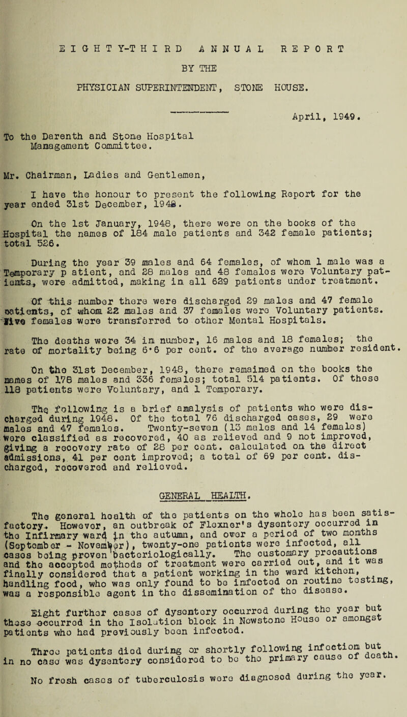 EIGHT Y-T HI RD ANNUAL BY THE PHYSICIAN SUPERINTENDENT, STONE REPORT HOUSE. April, 1949. To the Darenth and Stone Hospital Management Committee. Mr. Chairman, Ladies and Gentlemen, I have the honour to present the following Report for the year ended 31st December, 1948. On the 1st January, 1948, there were on the books of the Hospital the names of 184 male patients and 342 female patients; total 526. During the year 39 males and 64 females, of whom 1 male was a Te&po£3£y P atient, and 28 males and 48 females were Voluntary pat¬ ients., were admitted, making in all 629 patients under treatment. Of this number there were discharged 29 males and 47 female oatjLents, of whom 22 males and 37 females were Voluntary patients, five females wore transferred to other Mental Hospitals. The deaths wore 34 in number, 16 males and 18 females; the rate of mortality being 6*6 per cent, of the average number resident. On the 31st December, 1948, there remained on the books the names of 178 males and 336 females; total 514 patients. Of those 118 patients were Voluntary, and 1 Temporary. Thq following is a brief analysis of patients who were dis¬ charged during 1948. Of the total 76 discharged cases, 29 were males and 47 females. Twenty-seven (13 males and 14 females) Wore classified as recovered, 40 as relieved and 9 not improved, giving a recovery rate of 28 per cent, calculated on the direct admissions, 41 per cent improved; a total of 69 per cent, dis¬ charged, recovered and relieved. GENERAL HEALTH. The general hoalth of the patients on the whole has been satis¬ factory*. Howevor, an outbreak of Elexner’s dysentery occurred in the Infirmary war^ J.n tho autumn, and over a period of two months (September - November), twenty-one pationts were infected, all cases being proven1bacteriologically. The customary precautions and tho accepted methods of treatment were carried out, and it was finally considered that a patient working in the ward kitchen, handling food, who was only found to be imfoctod on routine testing, was a responsible agent in the dissemination of tho disoaso. Eight further cases of dysentery occurrod during tho year but these occurrod in the Isolation block in Newstone Houso or amongst pationts who had previously been infcctod. Throe patients diod during or shortly following infection but no caso was dysentery considorod to bo tho primary cause of doatn. No frosh cases of tuberculosis woro diagnosod during the yoar.