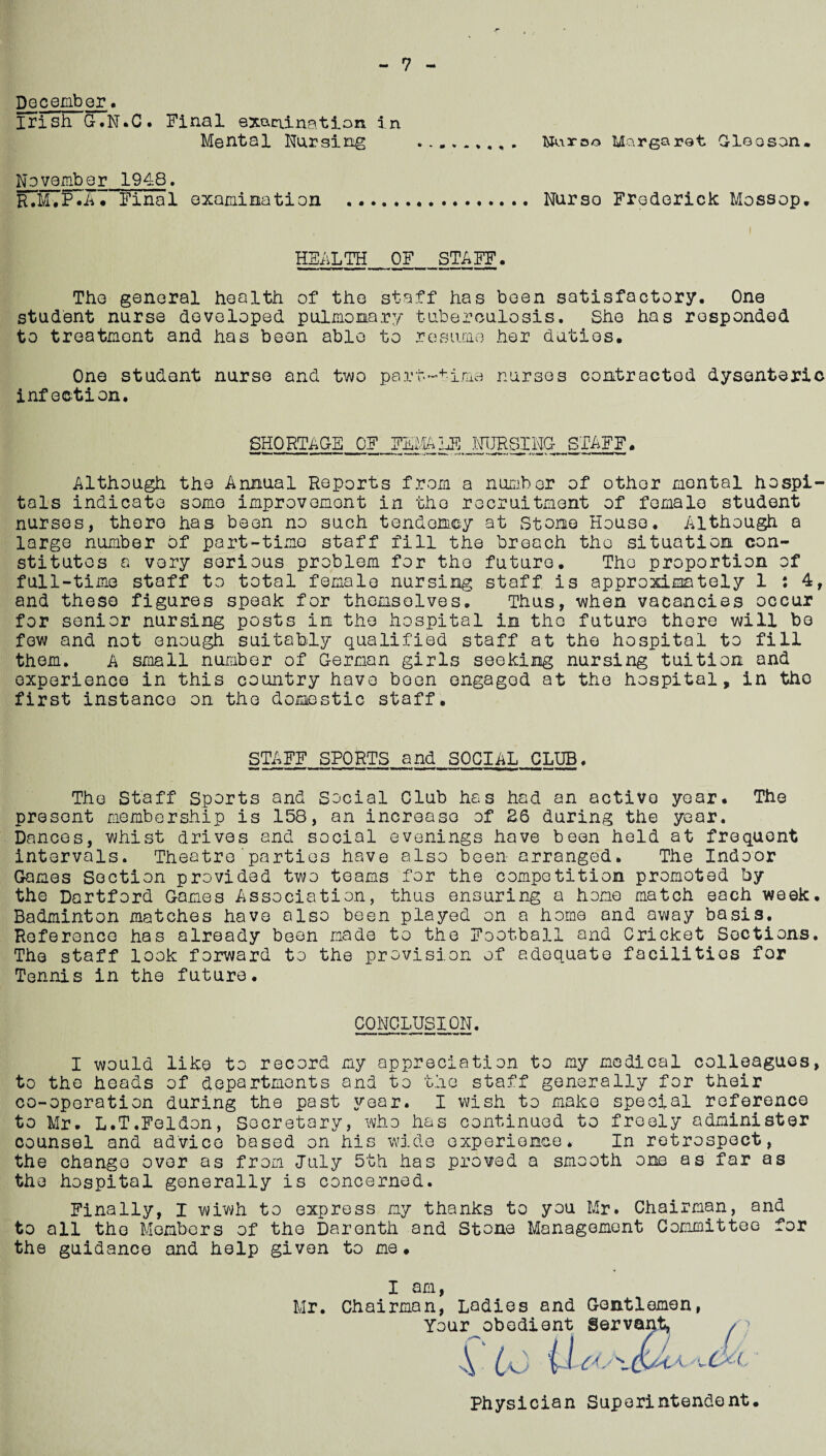 7 Dqcomber. Irish G.N.C. Final examination in Mental Nursing Nuroo Margaret Gleason November 1948. R.M.P.A. Final examination Nurso Frederick Mossop HEALTH OF STAFF The general health of the staff has been satisfactory. One student nurse developed pulmonary tuberculosis. She has responded to treatment and has been able to resume her duties. One student nurse and two part-time nurses contracted dysenteric infection. SHORTAGE OF FEMALE NURSING STAFF Although the Annual Reports from a number of other mental hospi¬ tals indicate some improvement in the recruitment of female student nurses, there has been no such tendency at Stone House. Although a large number of part-time staff fill the breach tho situation con¬ stitutes a very serious problem for tho future. The proportion of full-time staff to total female nursing staff is approximately 1 : 4, and these figures speak for themselves. Thus, when vacancies occur for senior nursing posts in the hospital in tho future there will be few and not enough suitably qualified staff at the hospital to fill them. A small number of German girls seeking nursing tuition and experience in this country have been engaged at the hospital, in tho first instance on the domestic staff. STAFF SPORTS and SOCIAL CLUB Tho Staff Sports and Social Club has had an active year. The present membership is 158, an increase of 26 during the year. Dances, whist drives and social evenings have been held at frequent intervals. Theatre parties have also been arranged. The Indoor Games Section provided two teams for the competition promoted by the Dartford Games Association, thus ensuring a hone match each week. Badminton matches have also been played on a home and away basis. Reference has already been made to the Football and Cricket Sections. The staff look forward to the provision of adequate facilities for Tennis in the future. CONCLUSION. I would like to record my appreciation to my medical colleagues, to the heads of departments and to the staff generally for their co-operation during the past jrear. I wish to make special reference to Mr. L.T.Feldon, Secretary, who has continued to freely administer counsel and advice based on his wide experience* In retrospect, the change over as from July 5th has proved a smooth one as far as the hospital generally is concerned. Finally, X wiwh to express my thanks to you Mr. Chairman, and to all the Members of tho Darenth and Stone Management Committee for the guidance and help given to me. I am, Mr. Chairman, Ladies and Gentlemen, You ‘ Physician Superintendent