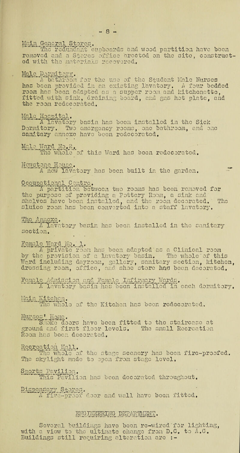 Main General Stores, The redundant cupboards and wood partition have boon removed and a Stores office erected on the site, construct od with the materials recovered, Ma 1c Dormitory. A bathroom for the use of the Student Kale Nurses has been provided in an existing lavatory, A four bedded room has boon adapted as a supper room and kitchenette, fitted with sink, draining board, and gas hot plate, and the room redecorated, Male; Hospital, 'STawEory basin has been installed in the Sick Dormitory, Two emergency rooms, one bathroom, and one sanitary annexe have boon redecorated, » * Male Ward No.2. —-<V'4Vi<i -^*x. . 4b ft- .4 The whole of this Ward has been redecorated. Newstone House. _ if^hew lavatory has been built in the garden. Occupatiohql Cqntrot, A par 1:itToh between two rooms has been removed for the purpose of providing a Pottery Room, a sink and' shelves have been installed, and the room decorated. The sluice room has been converted into a staff lavatory. The .Annexe, —rrs vatory basin, has boon installed in the sanitary section, * - Fcmal c^ WardjTp,/ 1. private’room has been adapted as a Clinical room by the provision of a lavatory basin. The whole'of this Ward including dayroom, gallery, sanitary section, kitchen dressing room, office, and shoe store hao been decorated. Female .Admission and Female Infirmary Wards. A lavatory basin has been installed in each dorn iiitory Main Kitchen. ~tEo whole of the Kitchen has been redecorated. NursesT Home. Smoko doors have ground and first floor Room has boon decorate Recreation Hall. The w.h .ole of the The c skyligh .t made to 3 The small Recreation •m Sports Pavilion, This Pavilion has been docora/ocd tnroughout. Dispensary ..Sjjproc, ro-proof door and wall have been fitted. ENGINEERING DEPARTMENT. Several buildings have been re-wired“fir lighting, with a view to the ultimate change from D,C, to A.C. Buildings still requiring alteration arc