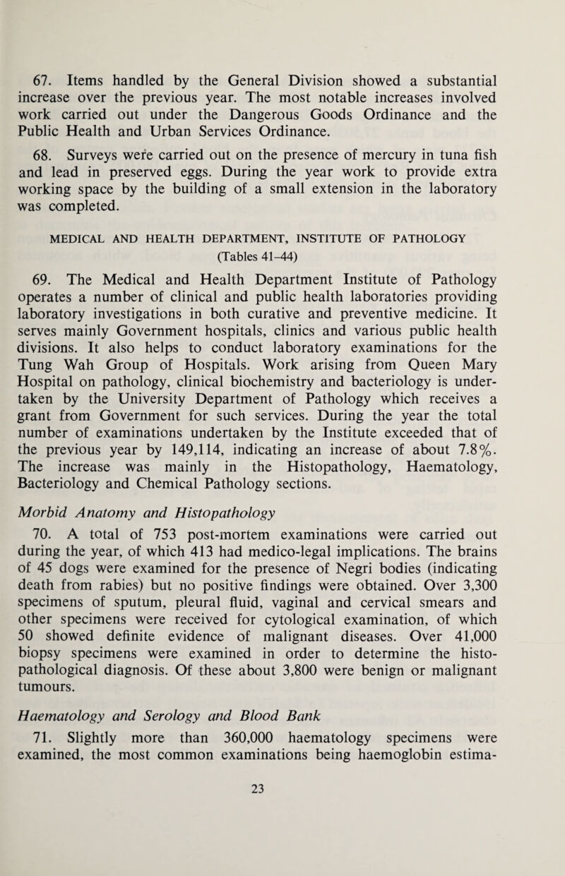 67. Items handled by the General Division showed a substantial increase over the previous year. The most notable increases involved work carried out under the Dangerous Goods Ordinance and the Public Health and Urban Services Ordinance. 68. Surveys were carried out on the presence of mercury in tuna fish and lead in preserved eggs. During the year work to provide extra working space by the building of a small extension in the laboratory was completed. MEDICAL AND HEALTH DEPARTMENT, INSTITUTE OF PATHOLOGY (Tables 41-44) 69. The Medical and Health Department Institute of Pathology operates a number of clinical and public health laboratories providing laboratory investigations in both curative and preventive medicine. It serves mainly Government hospitals, clinics and various public health divisions. It also helps to conduct laboratory examinations for the Tung Wah Group of Hospitals. Work arising from Queen Mary Hospital on pathology, clinical biochemistry and bacteriology is under¬ taken by the University Department of Pathology which receives a grant from Government for such services. During the year the total number of examinations undertaken by the Institute exceeded that of the previous year by 149,114, indicating an increase of about 7.8%. The increase was mainly in the Histopathology, Haematology, Bacteriology and Chemical Pathology sections. Morbid Anatomy and Histopathology 70. A total of 753 post-mortem examinations were carried out during the year, of which 413 had medico-legal implications. The brains of 45 dogs were examined for the presence of Negri bodies (indicating death from rabies) but no positive findings were obtained. Over 3,300 specimens of sputum, pleural fluid, vaginal and cervical smears and other specimens were received for cytological examination, of which 50 showed definite evidence of malignant diseases. Over 41,000 biopsy specimens were examined in order to determine the histo- pathological diagnosis. Of these about 3,800 were benign or malignant tumours. Haematology and Serology and Blood Bank 71. Slightly more than 360,000 haematology specimens were examined, the most common examinations being haemoglobin estima-
