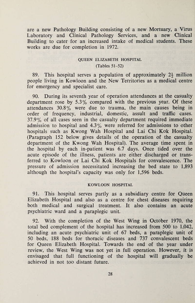 are a new Pathology Building consisting of a new Mortuary, a Virus Laboratory and Clinical Pathology Services, and a new Clinical Building to cater for an increased intake of medical students. These works are due for completion in 1972. QUEEN ELIZABETH HOSPITAL (Tables 51-52) 89. This hospital serves a population of approximately 2\ million people living in Kowloon and the New Territories as a medical centre for emergency and specialist care. 90. During its seventh year of operation attendances at the casualty department rose by 5.3% compared with the previous year. Of these attendances 30.8% were due to trauma, the main causes being in order of frequency, industrial, domestic, assult and traffic cases. 37.9% of all cases seen in the casualty department required immediate admission to hospital and 4.3% were referred for admissions to other hospitals such as Kwong Wah Hospital and Lai Chi Kok Hospital. (Paragraph 152 below gives details of the operation of the casualty department of the Kwong Wah Hospital). The average time spent in the hospital by each in-patient was 6.7 days. Once tided over the acute episode of the illness, patients are either discharged or trans¬ ferred to Kowloon or Lai Chi Kok Hospitals for convalescence. The pressure of admission necessitated increasing the bed state to 1,893 although the hospital’s capacity was only for 1,596 beds. KOWLOON HOSPITAL 91. This hospital serves partly as a subsidiary centre for Queen Elizabeth Hospital and also as a centre for chest diseases requiring both medical and surgical treatment. It also contains an acute psychiatric ward and a paraplegic unit. 92. With the completion of the West Wing in October 1970, the total bed complement of the hospital has increased from 500 to 1,042, including an acute psychiatric unit of 67 beds, a paraplegic unit of 50 beds, 188 beds for thoracic diseases and 737 convalescent beds for Queen Elizabeth Hospital. Towards the end of the year under review, the West Wing was not yet in full operation. However, it is envisaged that full functioning of the hospital will gradually be achieved in not too distant future.