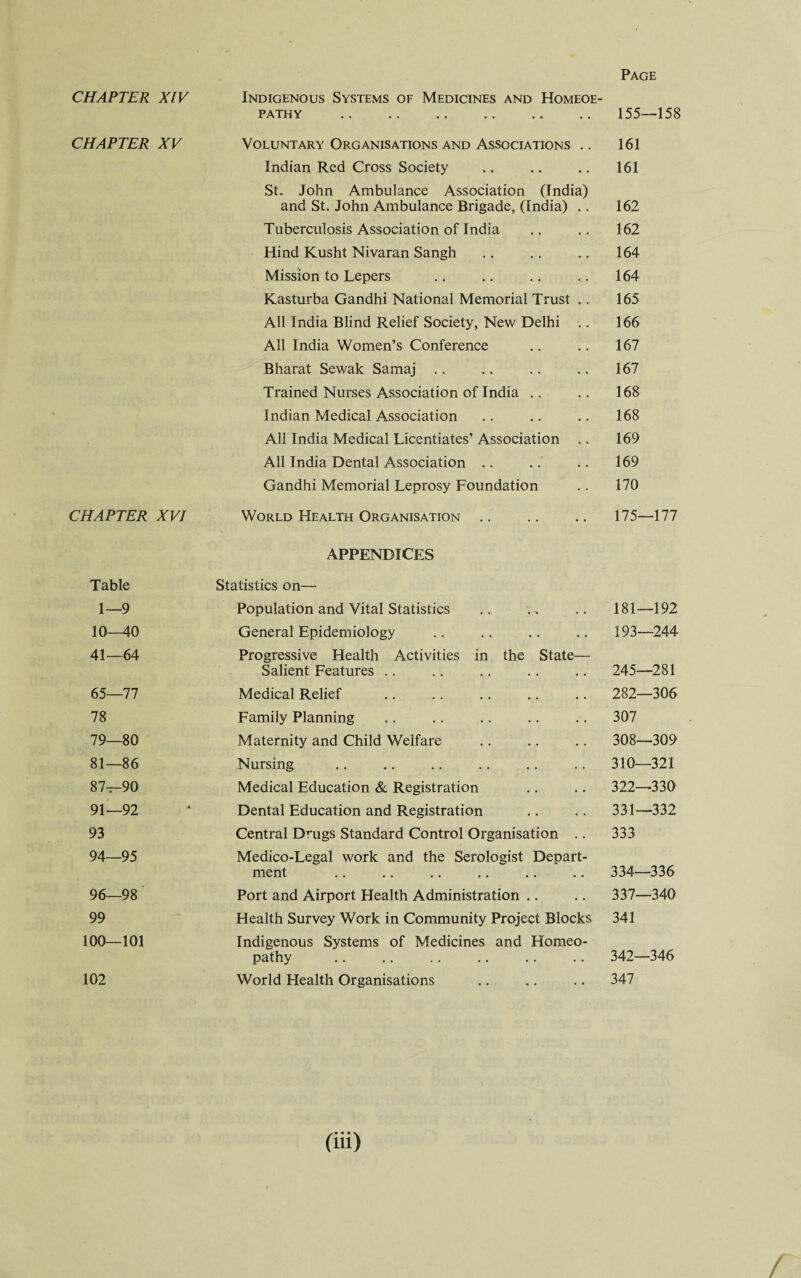 Page CHAPTER CHAPTER CHAPTER Table 1—9 10—40 41—64 65—77 78 79—80 81—86 87—90 91—92 93 94—95 96—98 99 100—101 102 XIV Indigenous Systems of Medicines and Homeoe- pathy .155—158 XV Voluntary Organisations and Associations .. 161 Indian Red Cross Society .. .. .. 161 St. John Ambulance Association (India) and St. John Ambulance Brigade, (India) .. 162 Tuberculosis Association of India .. .. 162 Hind Kusht Nivaran Sangh .. .. .. 164 Mission to Lepers .. .. .. .. 164 Kasturba Gandhi National Memorial Trust .. 165 All India Blind Relief Society, New Delhi .. 166 All India Women’s Conference .. .. 167 Bharat Sewak Samaj .. .. .. .. 167 Trained Nurses Association of India .. .. 168 Indian Medical Association .. .. .. 168 Ali India Medical Licentiates’ Association .. 169 All India Dental Association .. .. .. 169 Gandhi Memorial Leprosy Foundation .. 170 XVI World Health Organisation .. .. .. 175—177 APPENDICES Statistics on— Population and Vital Statistics .. .-. .. 181—192 General Epidemiology .. .. .. .. 193—244- Progressive Health Activities in the State— Salient Features .. .. .. .. .. 245—281 Medical Relief .. .. .. .. .. 282—306 Family Planning . . .. .. .. .. 307 Maternity and Child Welfare .. .. .. 308—309 Nursing .. .. .. .. .. .. 310—321 Medical Education & Registration .. .. 322—330 Dental Education and Registration .. .. 331—332 Central Drugs Standard Control Organisation .. 333 Medico-Legal work and the Serologist Depart¬ ment .. .. .. .. .. .. 334—336 Port and Airport Health Administration .. .. 337—340 Health Survey Work in Community Project Blocks 341 Indigenous Systems of Medicines and Homeo¬ pathy .. .. .. .. .. .. 342—346 World Health Organisations .. .. .. 347 (Hi)