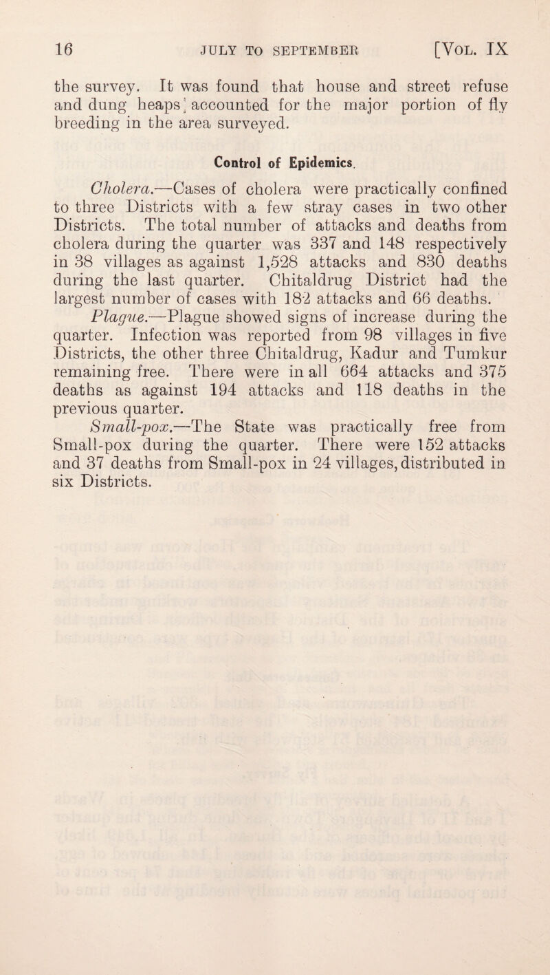 the survey. It was found that house and street refuse and dung heaps: accounted for the major portion of fly breeding in the area surveyed. Control of Epidemics. Cholera.—Cases of cholera were practically confined to three Districts with a few stray cases in two other Districts. The total number of attacks and deaths from cholera during the quarter was 337 and 148 respectively in 38 villages as against 1,528 attacks and 830 deaths during the last quarter. Chitaldrug District had the largest number of cases with 182 attacks and 66 deaths. Plague.—Plague showed signs of increase during the quarter. Infection was reported from 98 villages in five Districts, the other three Chitaldrug, Kadur and Tumkur remaining free. There were in all 664 attacks and 375 deaths as against 194 attacks and 118 deaths in the previous quarter. Small-pox.—The State was practically free from Small-pox during the quarter. There were 152 attacks and 37 deaths from Small-pox in 24 villages, distributed in six Districts.