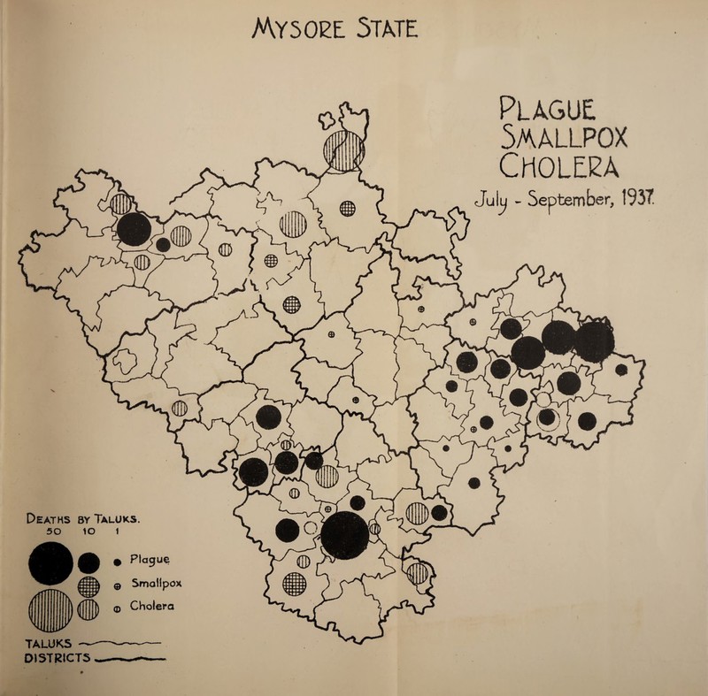 Plague Smallpox Cholera Julu - September, 1937. Deaths by Taluks. 50 10 1 9 TALUKS DISTRICTS 0 Plaguy 0 Smallpox 0 Cholera