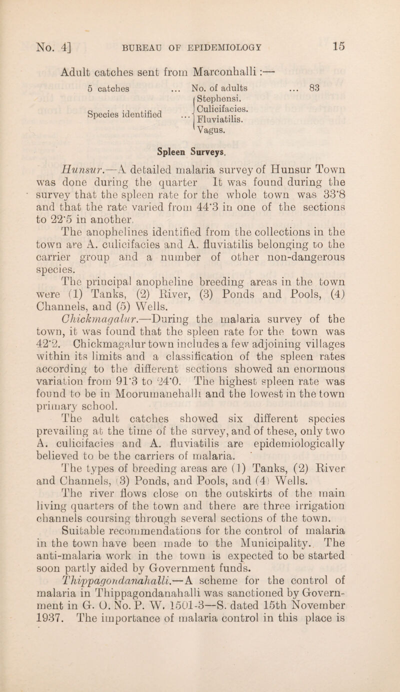 Adult catches sent from Marconhalli:— 5 catches Species identified No. of adults Stephensi. Culicifacies. I Eluviatilis. Wagus. 83 Spleen Surveys. Hunsur.—A detailed malaria survey of Hunsur Town was done during the quarter It was found during the survey that the spleen rate for the whole town was 33*8 and that the rate varied from 44'3 in one of the sections to 22’5 in another. The anopheiines identified from the collections in the town are A. culicifacies and A. fluviatilis belonging to the carrier group and a number of other non-dangerous species. The principal anopheline breeding areas in the town were (1) Tanks, (2) River, (3) Ponds and Pools, (4) Channels, and (5) Wells. Ghickmagalur.—During the malaria survey of the town, it was found that the spleen rate for the town was 42’2. Ghickmagalur town includes a few adjoining villages within its limits and a classification of the spleen rates according to the different sections showed an enormous variation from 91*3 to 24*0. The highest spleen rate was found to be in Moorumanehalli and the lowest in the town primaiy school. The adult catches showed six different species prevailing at the time of the survey, and of these, only two A. culicifacies and A. fluviatilis are epidemiologically believed to be the carriers of malaria. The types of breeding areas are (1) Tanks, (2) River and Channels, (3) Ponds, and Pools, and (4) Wells. The river flows close on the outskirts of the main living quarters of the town and there are three irrigation channels coursing through several sections of the town. Suitable recommendations for the control of malaria in the town have been made to the Municipality. The anti-malaria work in the town is expected to be started soon partly aided by Government funds. I'hippagondanahalli.—A scheme for the control of malaria in Thippagondanahalli was sanctioned by Govern¬ ment in G. O. No. P. W. 1501-3—S. dated 15th November 1937. The importance of malaria control in this place is