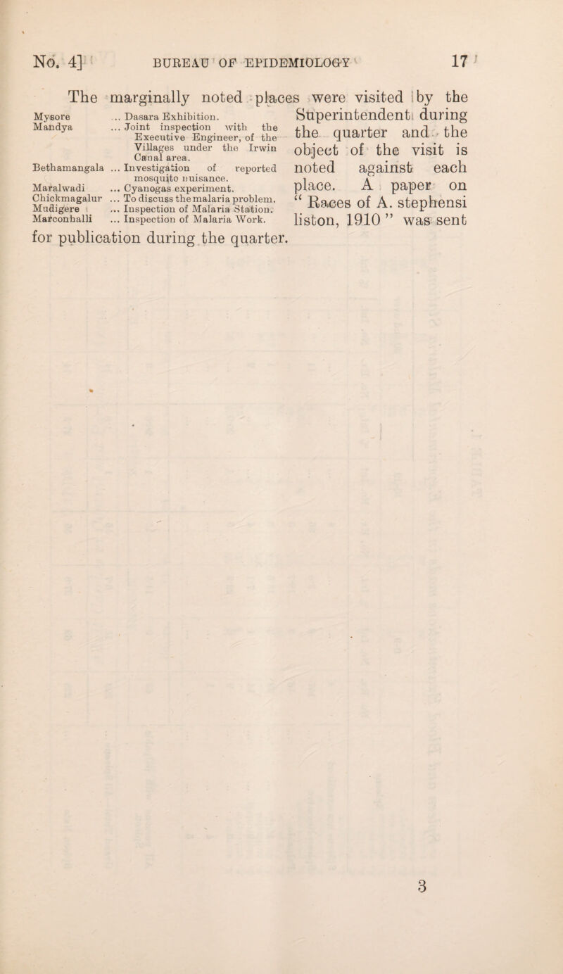The marginally noted -places .were visited Iby the Mysore ... Dasara Exhibition. Su'perintendenti during Mandya ...Joint inspection Avith the nnarfpr fViP Executive Engineer, of the yuaiier ana -hlie object of' the visit is noted against each place. A . paper on Races of A. stepbensi listen, 1910 ” was sent Bethamangala Maralwadi Chickmagalur Mudigere Marconhalli Villages under the Irwin Canal area. Investigation of reported mosquito nuisance. Cyanogas experiment. To discuss the malaria problem. Inspection of Malaria Station. Inspection of Malaria Work. for publication during the quarter. 3