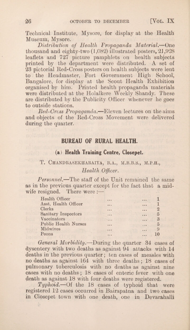 Technical Institute, Mysore, for display at the Health Museum, Mysore. Distribution of Health Propaganda Material,—One thousand and eighty-two (1,082) illustrated posters, 21,928 leaflets and 727 picture pamphlets on health subjects printed by the department were distributed. A set of 23 pictorial Red-Cross posters on health subjects were lent to the Headmaster, Fort Government High School, Bangalore, for display at the Scout Health Exhibition organised by him. Printed health propaganda materials were distributed at the Holalkere Weekly Shandy. These are distributed by the Publicity Officer whenever he goes to outside stations. Bed-Cross Propaganda.—Eleven lectures on the aims and objects of the Red-Cross Movement were delivered during the quarter. BUREAU OF RURAL HEALTH. (a) Health Training Centre, Closepet. T. ChANDRASEKHARAIYA, B.A., M.B.B.B., Health Officer. Personnel.—The staE of the Unit remained the same as in the previous quarter except for the fact that a mid¬ wife resigned. There were :— Health Officer Asst. Health Officer Clerks Sanitary Inspectors Vaccinators Public Health Nurses Midwives Peons 1 1 2 5 3 5 9 10 General Morbidity.—During the quarter 34 cases of dysentery with two deaths as against 94 attacks with 14 deaths in the previous quarter; ten cases of measles with no deaths as against 164 with three deaths ; 18 cases of pulmonary tuberculosis with no deaths as against nine cases with no deaths; 18 cases of enteric fever with one death as against 18 with four deaths were registered. Typhoid.—Of the 18 cases of typhoid that were registered 12 cases occurred in Bairapatna and two cases in Closepet town with one death, one in Devarahalli