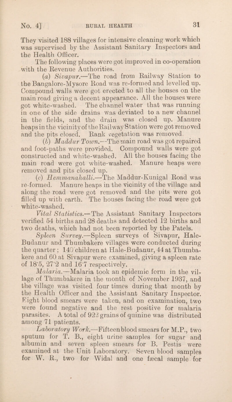 They visited 188 villages for intensive cleaning work which was supervised by the Assistant Sanitary Inspectors and the Health Officer. The following places were got improved in co-operation with the Revenue Authorities. (a) Sivapur.—The road from Railway Station to the Bangalore-Mysore Road was re-formed and levelled up. Compound walls were got erected to all the houses on the main road giving a decent appearance. All the houses were got white-washed. The channel water that was running in one of the side drains was deviated to a new channel in the fields, and the drain was closed up. Manure heaps in the vicinityoftheRailway Station were got removed and the pits closed. Rank v^egetation was removed, (h) Madd'ur Toion.—The main road was got repaired and foot-paths were provided. Compound walls were got constructed and white-washed. All the houses facing the main road were got white-washed. Manure heaps were removed and pits closed up. (c) Hemmaiialialli.—The Maddur-Kunigal Road was re-formed. Manure heaps in the vicinity of the village and along the road were got removed and the pits were got filled up with earth. The houses facing the road were got white-washed. Vital Statistics.—Assistant Sanitary Inspectors verified 54 births and 28 deaths and detected 12 births and two deaths, which had not been reported by the Patels. Spleen Survey.—Spleen surveys of Sivapur, Hale- Budanur and Thumbakere villages were conducted during the quarter ; 140 children at Hale-Budanur, 44 at Thumba¬ kere and 60 at Sivapur were examined, giving a spleen rate of 18*5, 27‘2 and 16‘7 respectively. Malaria.—Malaria took an epidemic form in the vil¬ lage of Thumbakere in the month of November 1937, and the village was visited four times during that month by the Health Officer and the Assistant Sanitary Inspector. Eight blood smears were taken, and on examination, two were found negative and the rest positive for malaria parasites. A total of 922 grains of quinine was distributed among 71 patients. Laboratory Worh.—Fifteenblood smears for M.P., two sputum for T. B., eight urine samples for sugar and albumin and seven spleen smears for B. Pestis were examined at the Unit Laboratory. Seven blood samples for W. R., two for Widal and one faecal sample for
