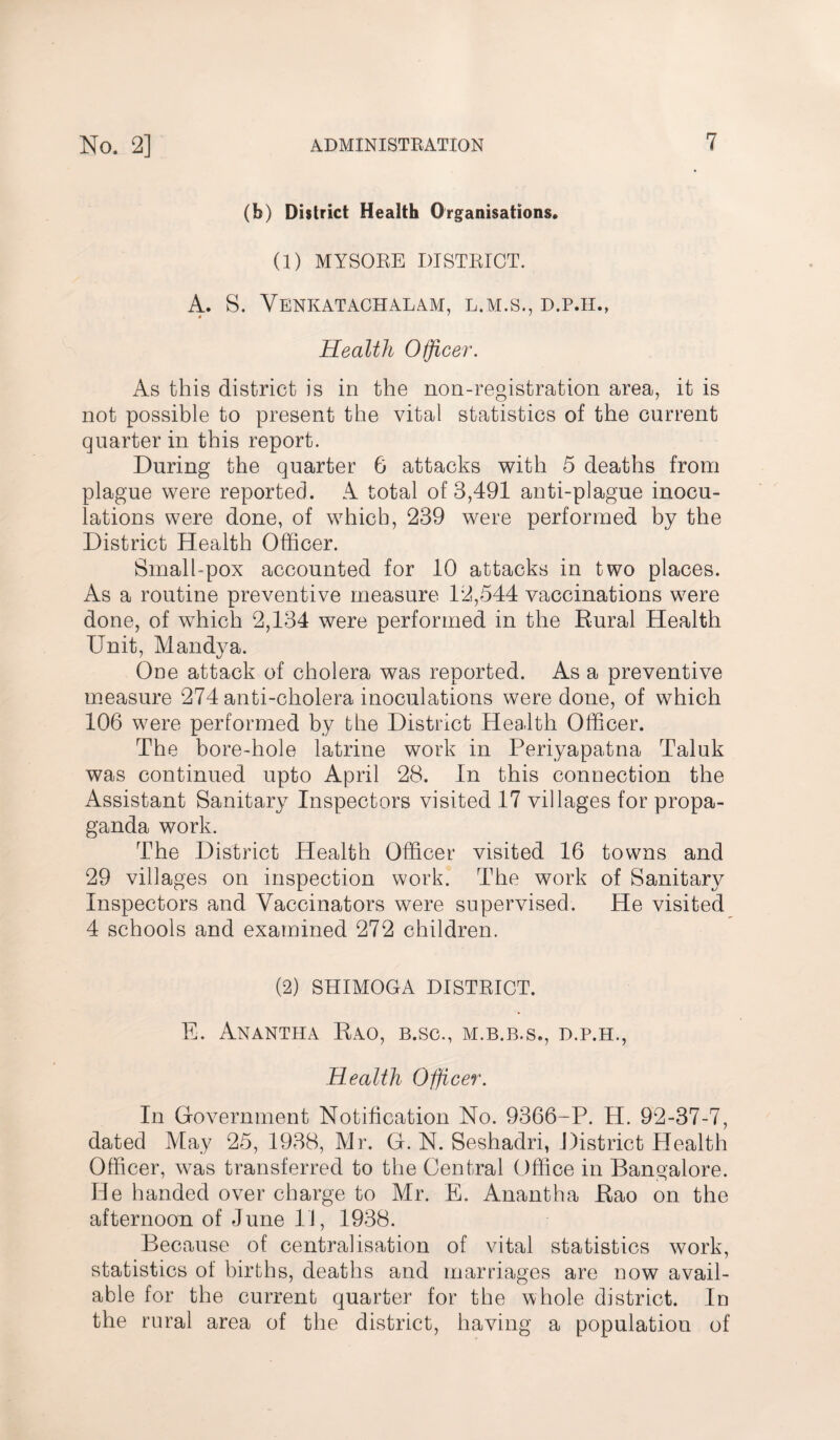 (b) District Health Organisations. (1) MYSORE DISTRICT. A. S. Venkatachalam, l.m.s., d.p.h., Health Officer. As this district is in the non-registration area, it is not possible to present the vital statistics of the current quarter in this report. During the quarter G attacks with 5 deaths from plague were reported. A total of 3,491 anti-plague inocu¬ lations were done, of which, 239 were performed by the District Health Officer. Small-pox accounted for 10 attacks in two places. As a routine preventive measure 12,544 vaccinations were done, of which 2,134 were performed in the Rural Health Unit, Mandya. One attack of cholera was reported. As a preventive measure 274 anti-cholera inoculations were done, of which 106 were performed by the District Health Officer. The bore-hole latrine work in Periyapatna Taluk was continued upto April 28. In this connection the Assistant Sanitary Inspectors visited 17 villages for propa¬ ganda work. The District Health Officer visited 16 towns and 29 villages on inspection work. The work of Sanitary Inspectors and Vaccinators were supervised. He visited 4 schools and examined 272 children. (2) SHIMOGA DISTRICT. E. Anantha Rao, b.sc., m.b.b.s., d.p.h., Health Officer. In Government Notification No. 9366-P. H. 92-37-7, dated May 25, 1938, Mr. G. N. Seshadri, District Health Officer, was transferred to the Central Office in Bangalore. He handed over charge to Mr. E. Anantha Rao on the afternoon of June 11, 1938. Because of centralisation of vital statistics work, statistics of births, deaths and marriages are now avail¬ able for the current quarter for the whole district. In the rural area of the district, having a population of