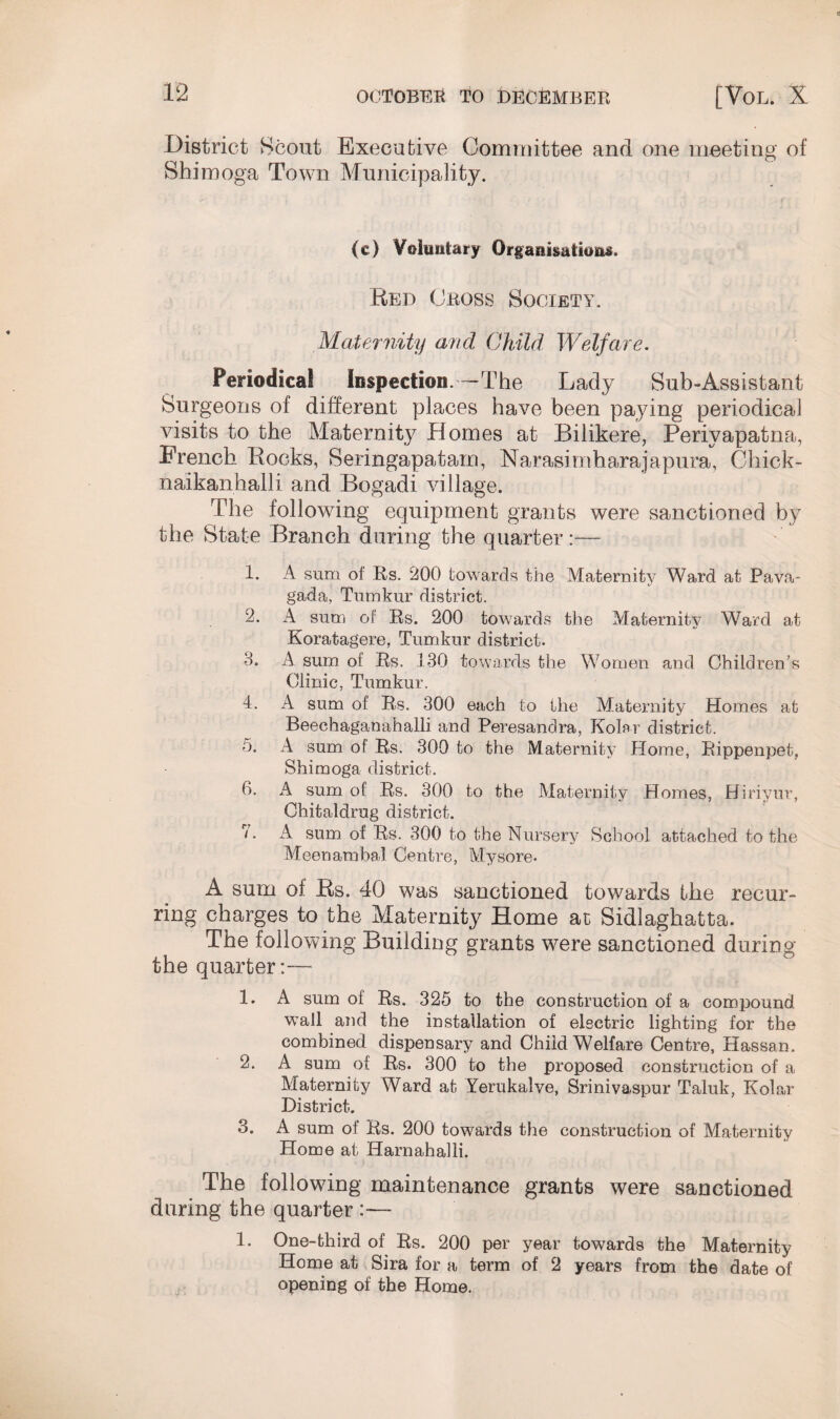 District Scout Executive Committee and one meeting of Shimoga Town Municipality. (c) Voluntary Organisation. Red Cross Society. Maternity and Child Welfare. Periodica! Inspection.—The Lady Sub-Assistant Surgeons of different places have been paying periodical visits to the Maternity Homes at Bilikere, Periyapatna, French Rocks, Seringapatam, Narasimharajapura, Chick- naikanhalli and Bogadi village. The following equipment grants were sanctioned by the State Branch during the quarter:— 1. A sum <fi Rs. 200 towards the Maternity Ward at Pava- gada, Tumkur district. 2. A sum of Rs. 200 towards the Maternity Ward at Koratagere, Tumkur district. 3. A sum of Rs. 130 towards the Women and Children’s Clinic, Tumkur. 4. A sum of Rs. 300 each to the Maternity Homes at Beechaganahalli and Peresandra, Kolar district. 5. A sum of Rs. 300 to the Maternity Home, Rippenpet, Shimoga district. 6. A sum of Rs. 300 to the Maternity Homes, Hiriyur, Chitaldrug district. 1 • A sum of Rs. 300 to the Nursery School attached to the Meenambal Centre, Mysore. A sum of Rs. 40 was sanctioned towards the recur¬ ring charges to the Maternity Home at Sidlaghatta. The following Building grants were sanctioned during the quarter:— 1. A sum of Rs. 325 to the construction of a compound wall and the installation of electric lighting for the combined dispensary and Child Welfare Centre, Hassan. 2. A sum of Rs. 300 to the proposed construction of a Maternity Ward at Yerukalve, Srinivaspur Taluk, Kolar District. 3. A sum of Rs. 200 towards the construction of Maternity Home at Harnahalli. The following maintenance grants were sanctioned during the quarter :—- 1. One-third of Rs. 200 per year towards the Maternity Home at Sira for a term of 2 years from the date of opening of the Home.