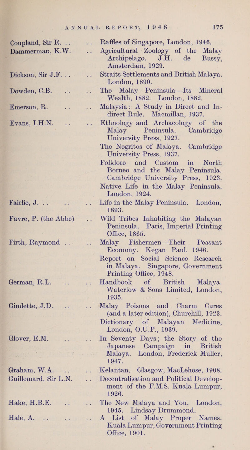 Coupland, Sir R. Dammerman, K.W. Dickson, Sir J.F. . . Dowdon, C.B. Emerson, R. Evans, I.H.N. Eairlie, J. . . Favre, P. (the Abbe) Firth, Raymond . . German, R.L. Gimlette, J.D. Glover, E.M. Graham, W.A. Guillemard, Sir L.N. Hake, H.B.E. Hale, A. Raffles of Singapore, London, 1946. Agricultural Zoology of the Malay Archipelago. J.H. de Bussy, Amsterdam, 1929. Straits Settlements and British Malaya. London, 1890. The Malay Peninsula—Its Mineral Wealth, 1882. London, 1882. Malaysia: A Study in Direct and In¬ direct Rule. Macmillan, 1937. Ethnology and Archaeology of the Malay Peninsula. Cambridge University Press, 1927. The Negritos of Malaya. Cambridge University Press, 1937. Folklore and Custom in North Borneo and the Malay Peninsula. Cambridge University Press, 1923. Native Life in the Malay Peninsula. London, 1924. Life in the Malay Peninsula. London, 1893. Wild Tribes Inhabiting the Malayan Peninsula. Paris, Imperial Printing Office, 1865. Malay Fishermen—Their Peasant Economy. Kegan Paul, 1946. Report on Social Science Research in Malaya. Singapore, Government Printing Office, 1948. Handbook of British Malaya. Water low & Sons Limited, London, 1935. Malay Poisons and Charm Cures (and a later edition), Churchill, 1923. Dictionary of Malayan Medicine, London, O.U.P., 1939. In Seventy Days; the Story of the Japanese Campaign in British Malaya. London, Frederick Muller, 1947. Kelantan. Glasgow, MacLehose, 1908. Decentralisation and Political Develop¬ ment of the F.M.S. Kuala Lumpur, 1926. The New Malaya and You. London, 1945. Lindsay Drummond. A List of Malay Proper Names. Kuala Lumpur, Government Printing Office, 1901.