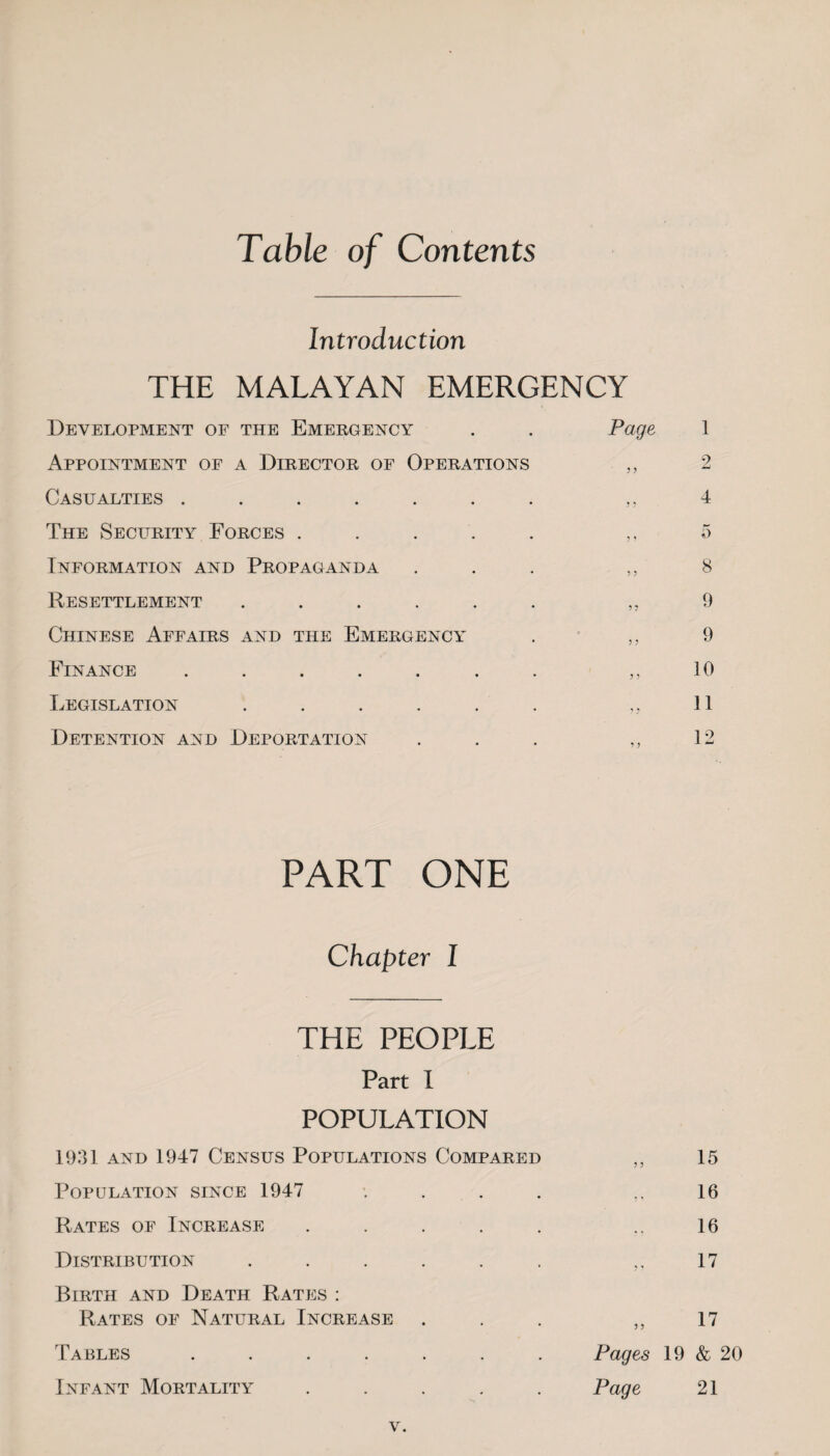 Table of Contents Introduction THE MALAYAN EMERGENCY Development of the Emergency . . Page Appointment of a Director of Operations „ Casualties ....... The Security Forces ..... ,, Information and Propaganda ... ,, Resettlement ...... „ Chinese Affairs and the Emergency . ,, Finance ....... ,, Legislation ...... „ Detention and Deportation ... 1 2 4 5 8 9 9 10 11 12 PART ONE Chapter I THE PEOPLE Part I POPULATION 1931 and 1947 Census Populations Compared Population since 1947 . . . . Rates of Increase . Distribution ...... Birth and Death Rates : Rates of Natural Increase 16 16 17 Pages 19 & 20 Page 21 Tables Infant Mortality