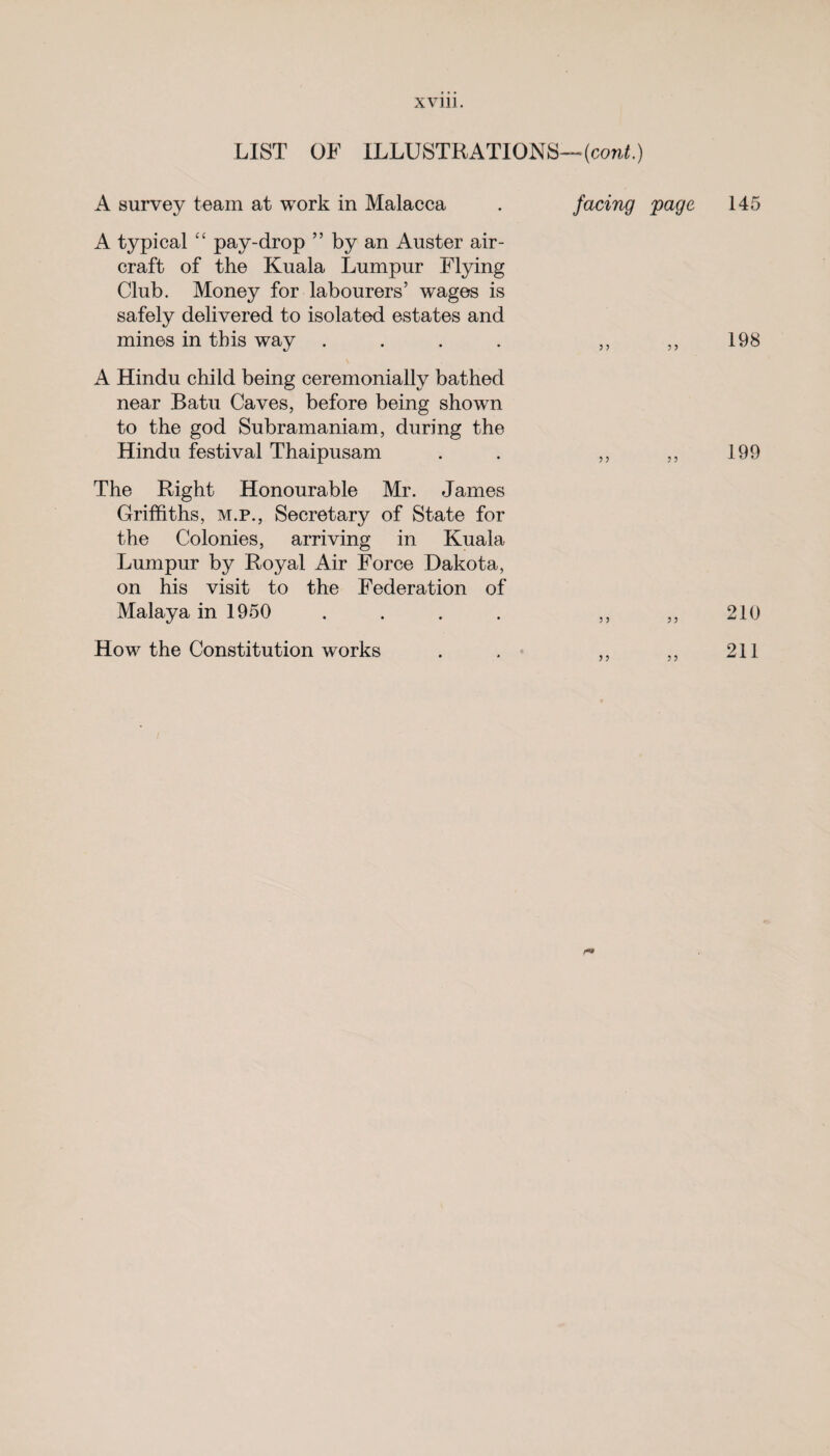 LIST OF ILLUSTRATIONS— {cont.) A survey team at work in Malacca facing page 145 A typical “ pay-drop ” by an Auster air¬ craft of the Kuala Lumpur Flying Club. Money for labourers’ wages is safely delivered to isolated estates and mines in this way .... 198 A Hindu child being ceremonially bathed near Batu Caves, before being shown to the god Subramaniam, during the Hindu festival Thaipusam 199 The Right Honourable Mr. James Griffiths, m.p., Secretary of State for the Colonies, arriving in Kuala Lumpur by Royal Air Force Dakota, on his visit to the Federation of Malaya in 1950 .... ,, ,, 210 How the Constitution works . . ,, ,, 211